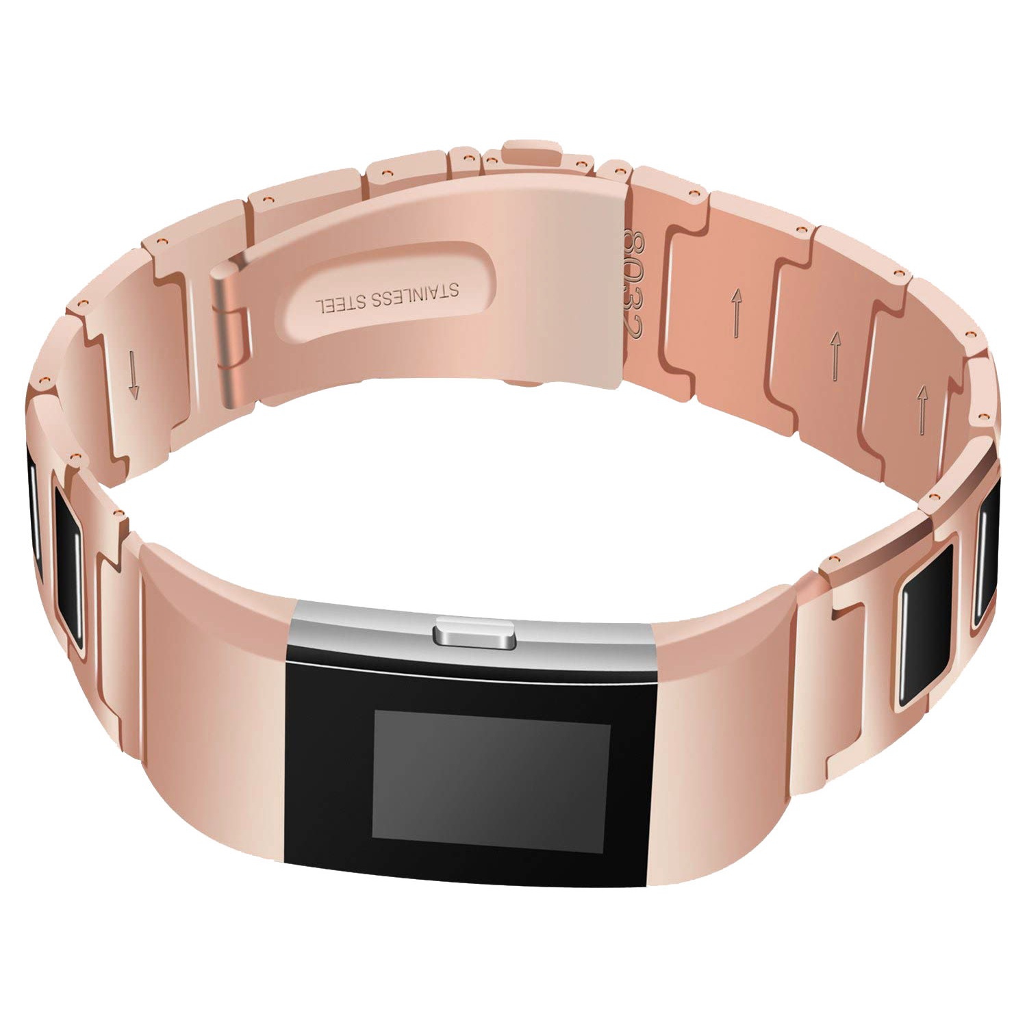 StrapsCo Stainless Steel Metal & Ceramic Link Watch Band Strap for Fitbit Charge 2 - Rose Gold & Black