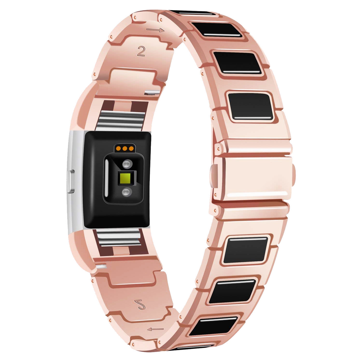 StrapsCo Stainless Steel Metal & Ceramic Link Watch Band Strap for Fitbit Charge 2 - Rose Gold & Black