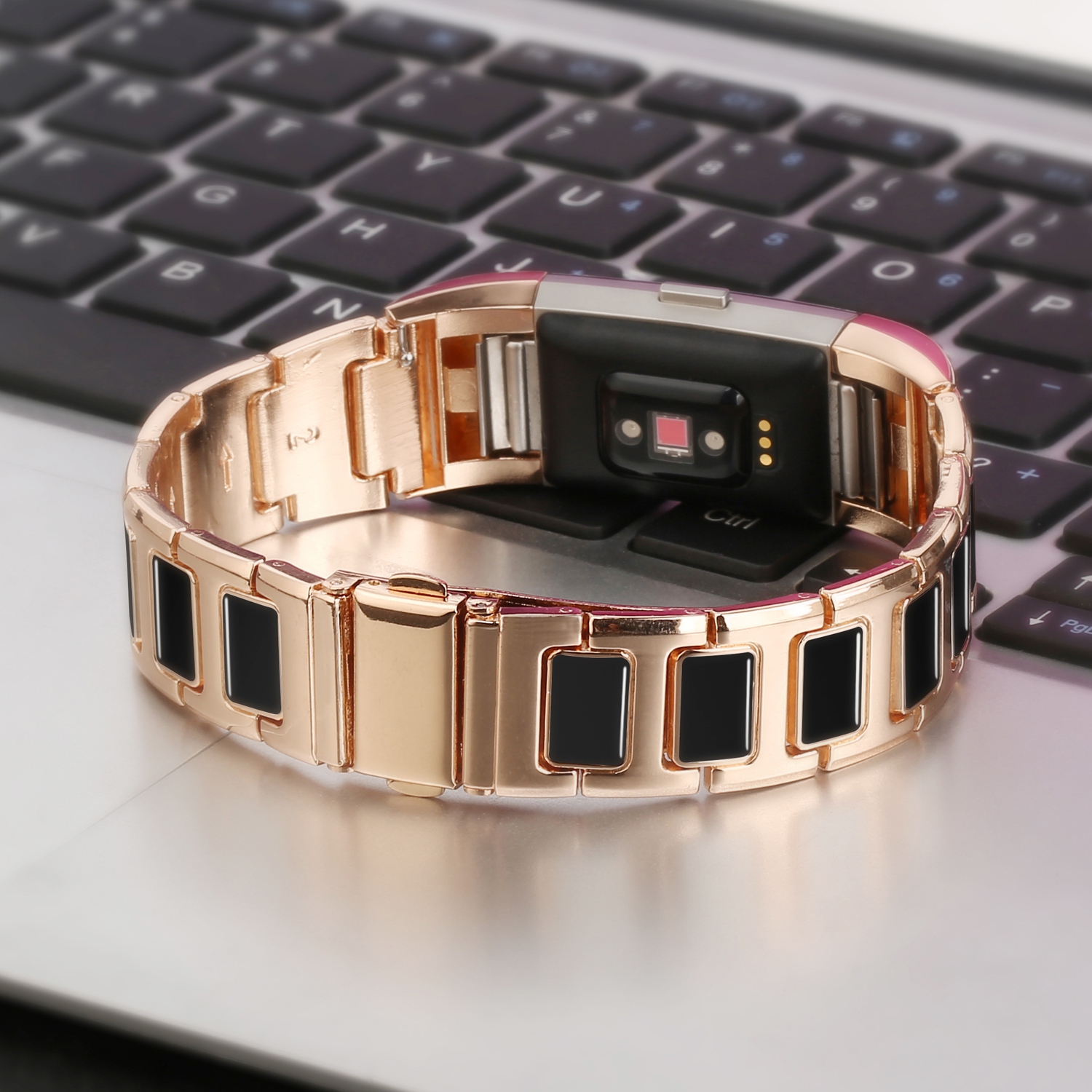 StrapsCo Stainless Steel Metal & Ceramic Link Watch Band Strap for Fitbit Charge 2 - Rose Gold & Black