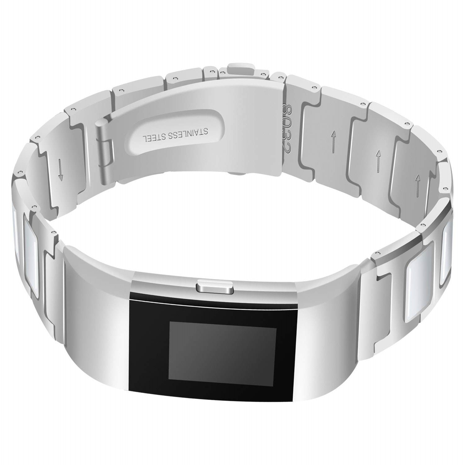 StrapsCo Stainless Steel Metal & Ceramic Link Watch Band Strap for Fitbit Charge 2 - Silver & White