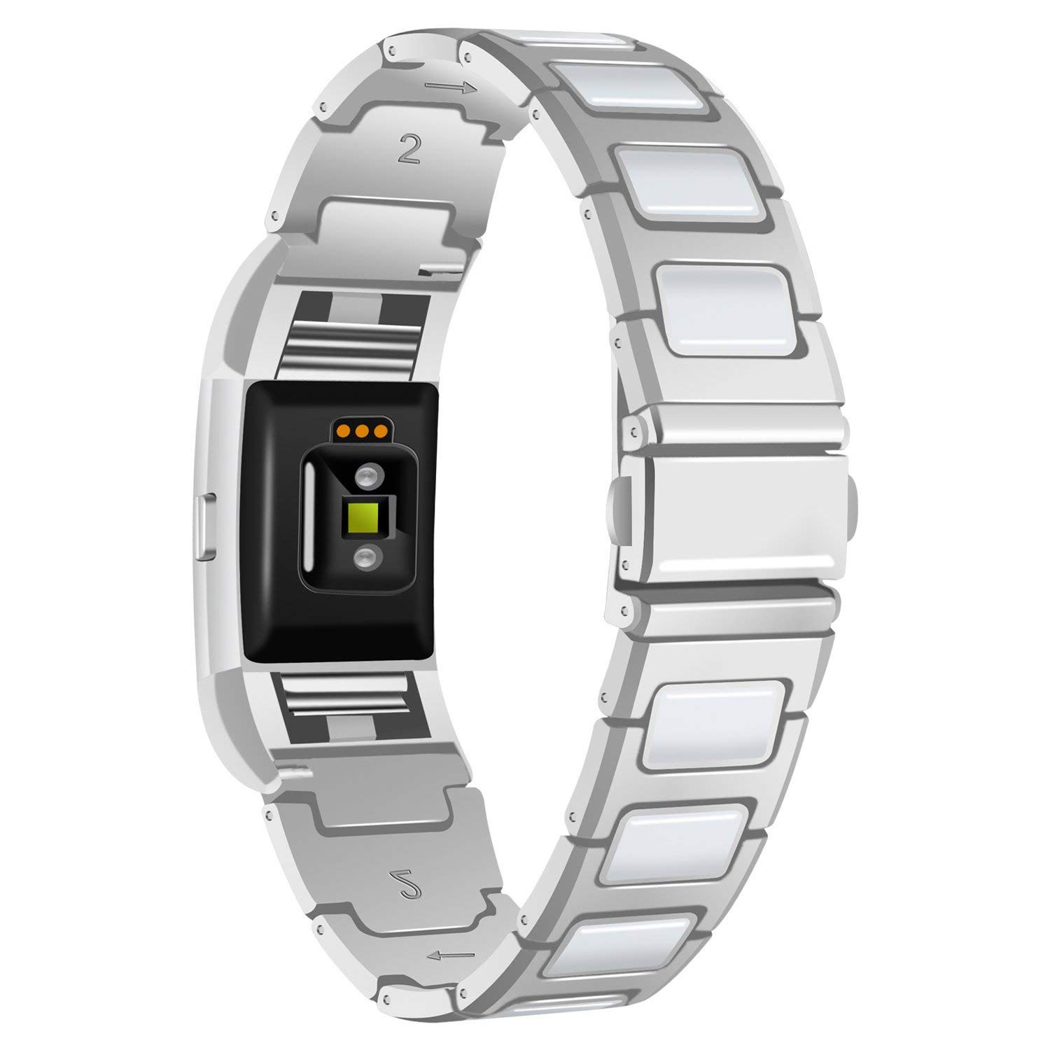 StrapsCo Stainless Steel Metal & Ceramic Link Watch Band Strap for Fitbit Charge 2 - Silver & White