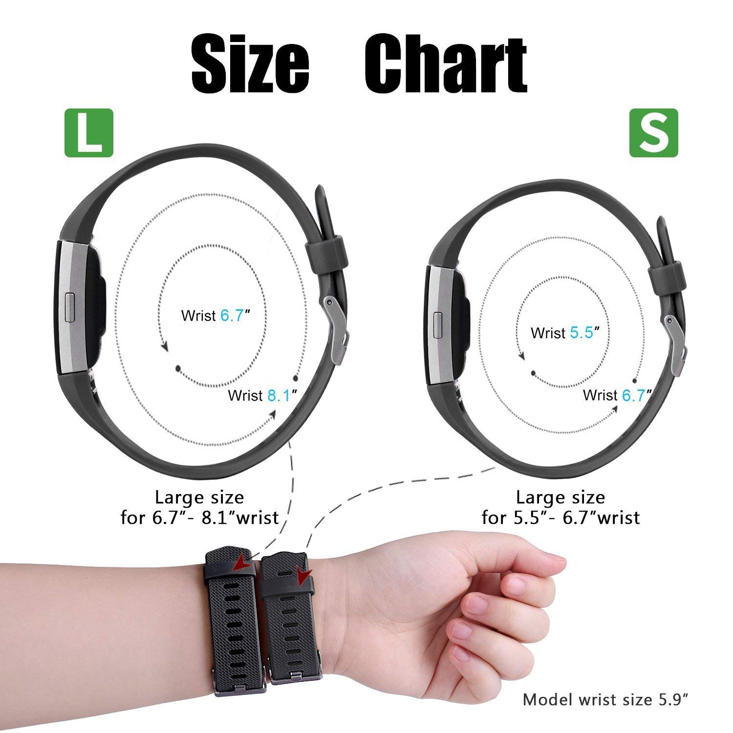 Compatible Fitbit Charge 2 Bands, Classic Bracelet Adjustable Wristband TPU Strap Sport Watch Band Metal Clasp, Large