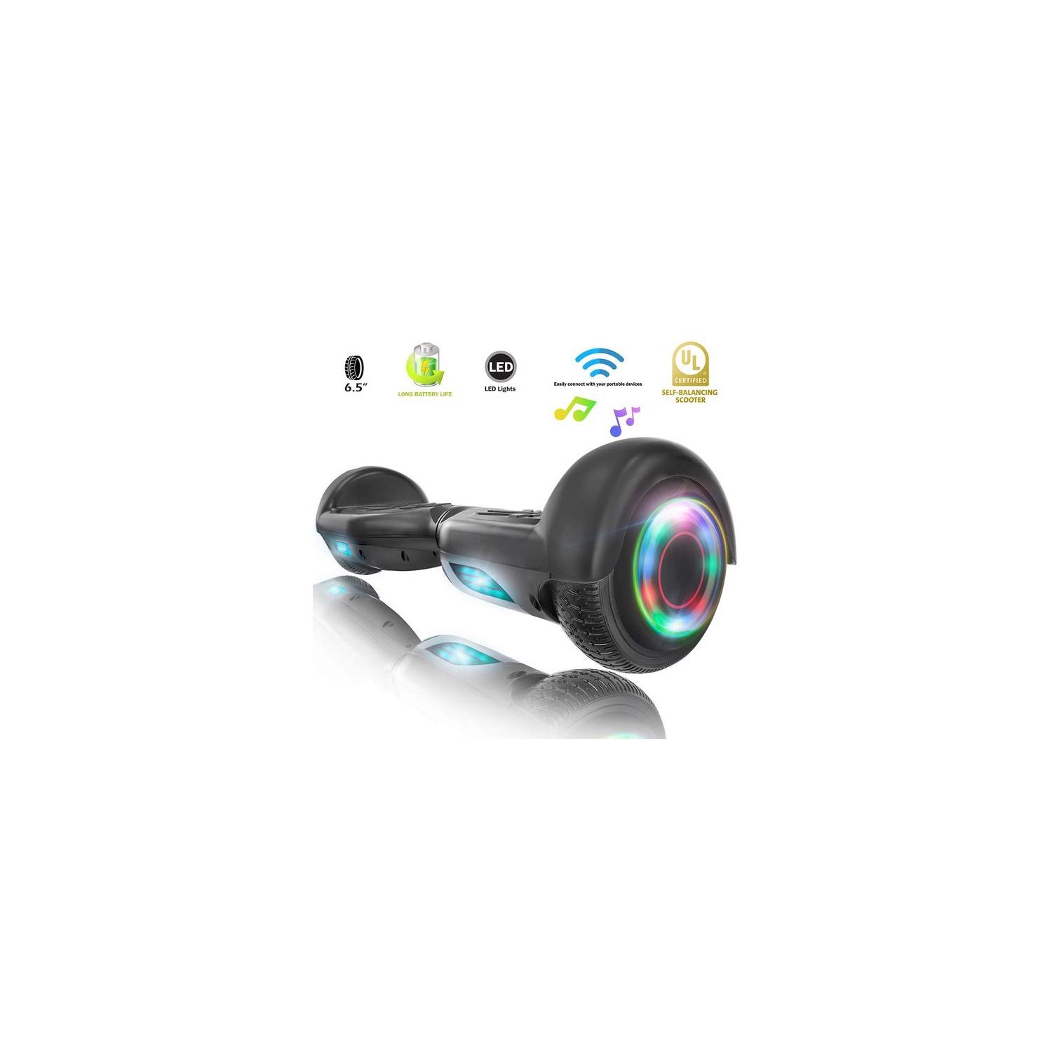 XPRIT Hoverboard tout-terrain 21,6 cm avec haut-parleur Bluetooth, lumières  LED, certifié UL2272, tunnel noir mat : : Sports et Plein air