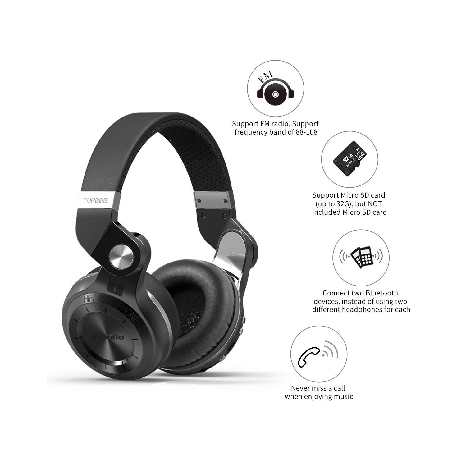 T2 Plus Turbine Wireless Bluetooth Headphones with Mic/Micro SD Card Slot/FM Radio