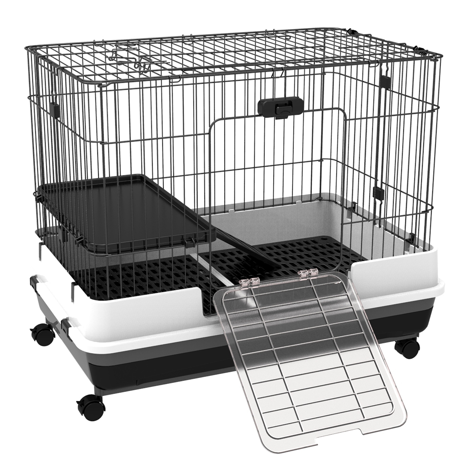 PawHut 28"H Guinea Pig Cage, 2-Level Rabbit Cage for Ferret, Chinchilla, Hedghog, Bunny, Small Animal Habitat with Wheels, Slide-out Tray, Ramp, Black