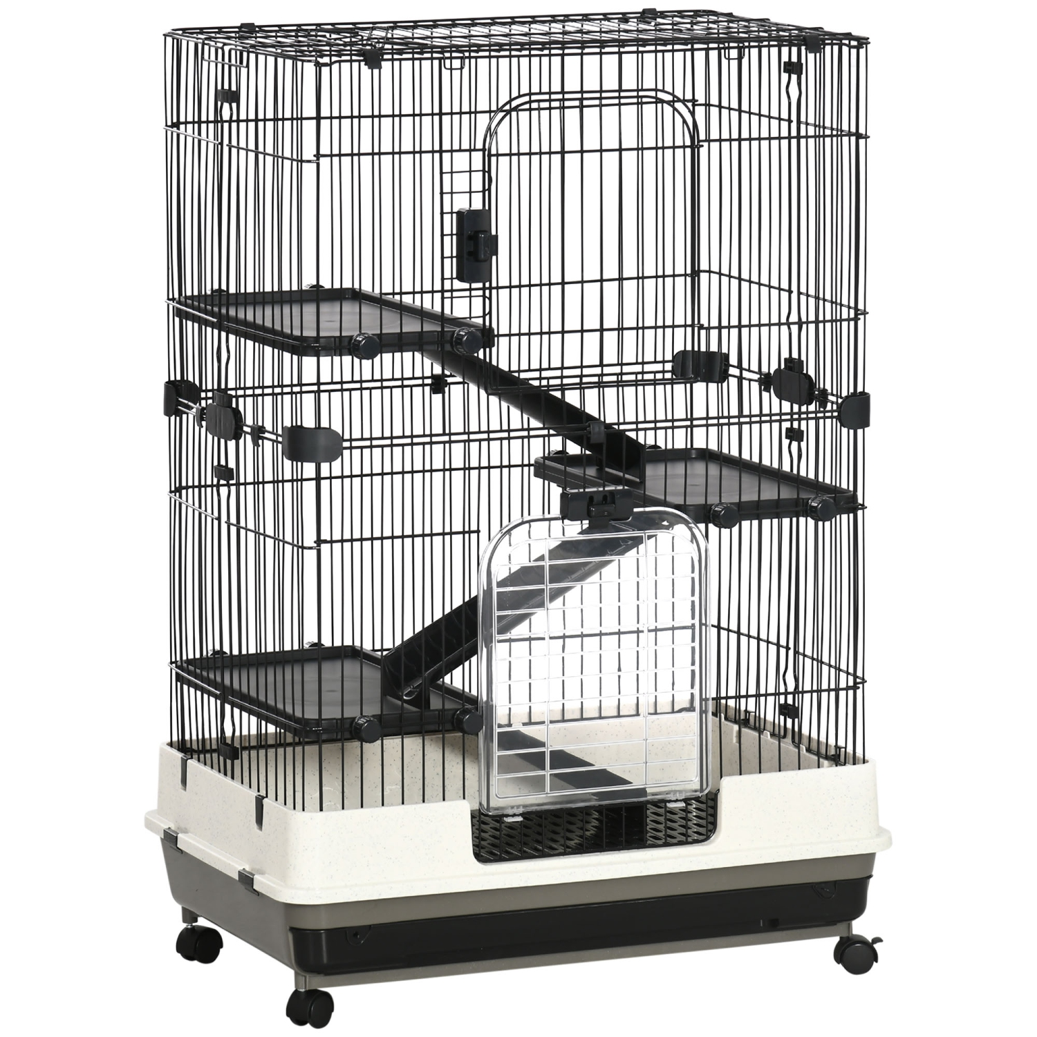 PawHut 45"H Guinea Pig Cage, 4-Level Rabbit Cage for Ferret, Chinchilla, Hedghog, Bunny, Small Animal Habitat with Wheels, Slide-out Tray, Ramp, Black