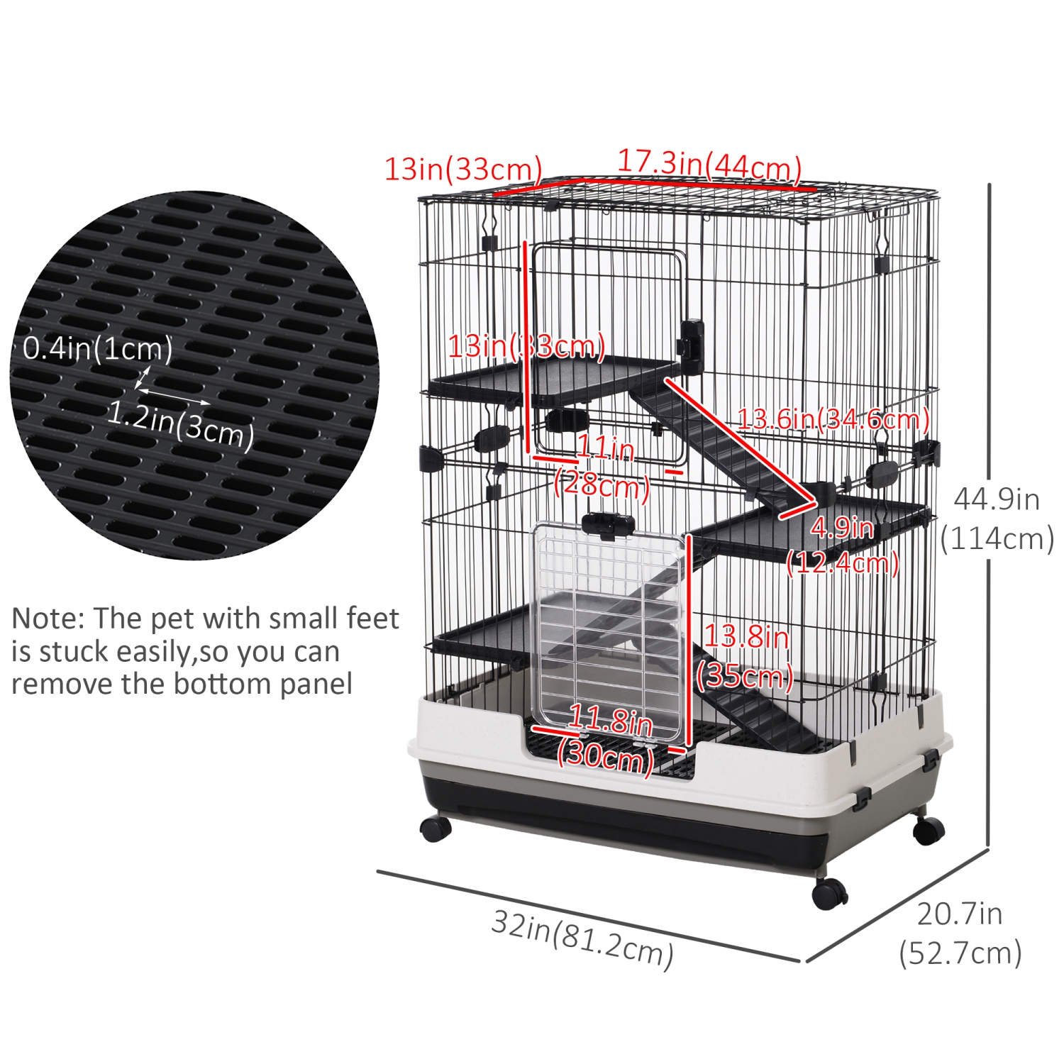 PawHut 45"H Guinea Pig Cage, 4-Level Rabbit Cage for Ferret, Chinchilla, Hedghog, Bunny, Small Animal Habitat with Wheels, Slide-out Tray, Ramp, Black