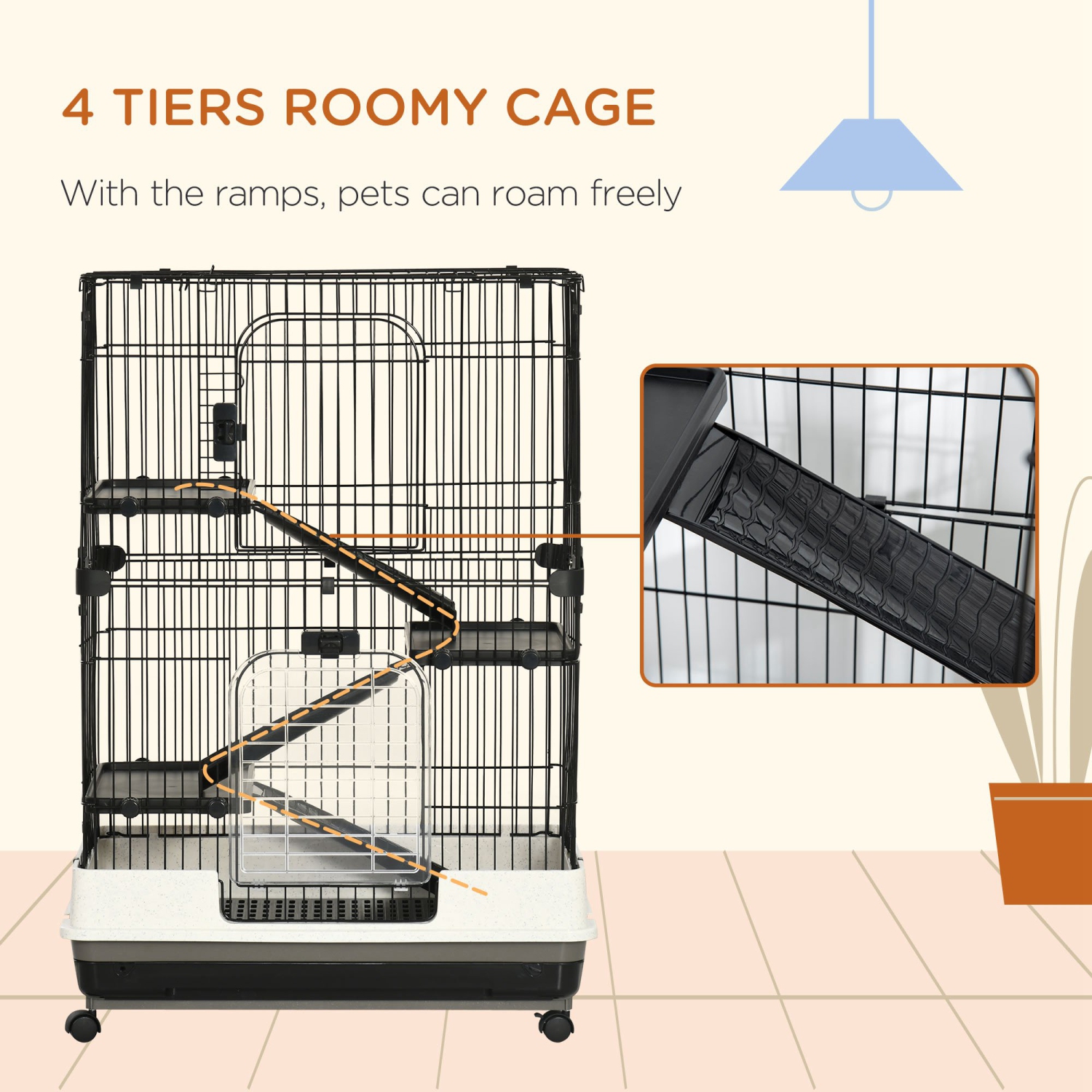 PawHut 45"H Guinea Pig Cage, 4-Level Rabbit Cage for Ferret, Chinchilla, Hedghog, Bunny, Small Animal Habitat with Wheels, Slide-out Tray, Ramp, Black