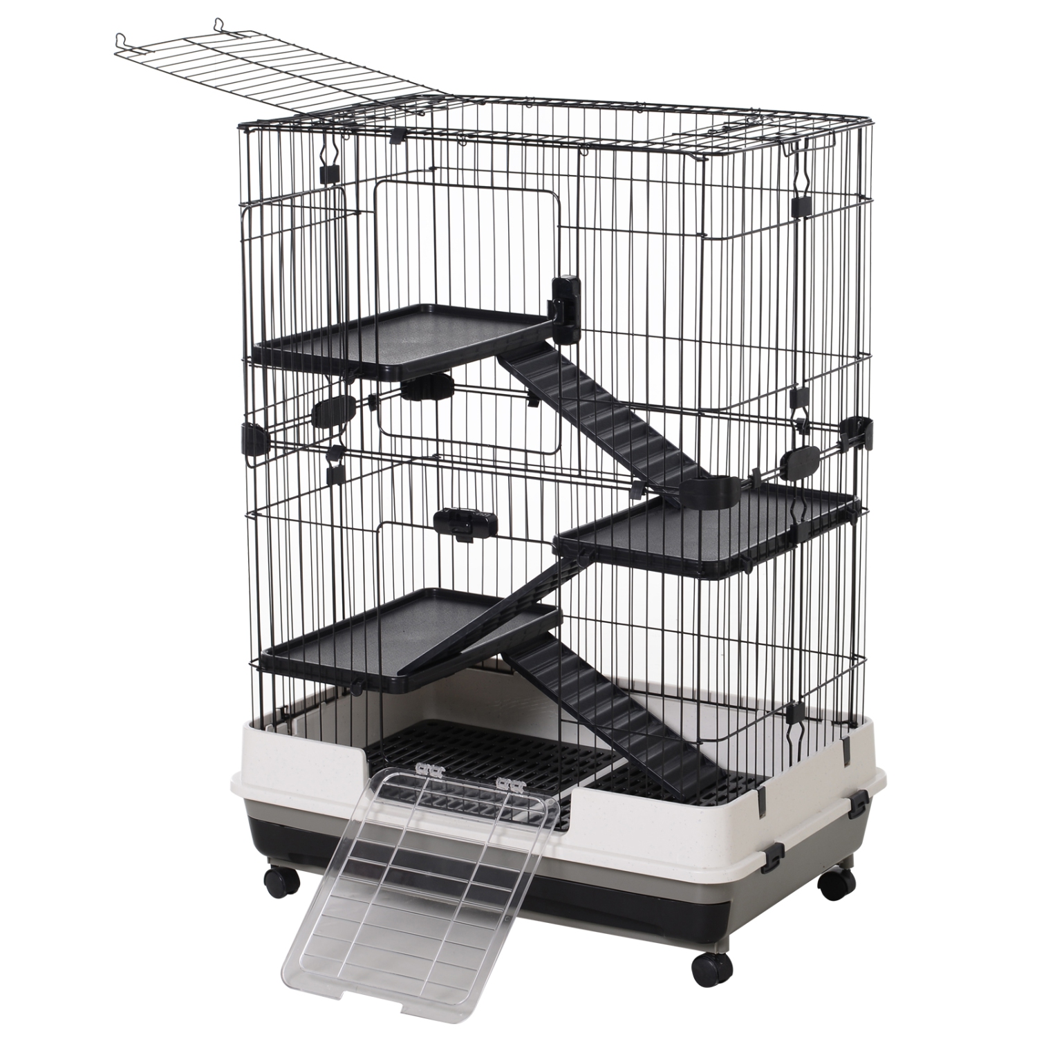 PawHut 45"H Guinea Pig Cage, 4-Level Rabbit Cage for Ferret, Chinchilla, Hedghog, Bunny, Small Animal Habitat with Wheels, Slide-out Tray, Ramp, Black