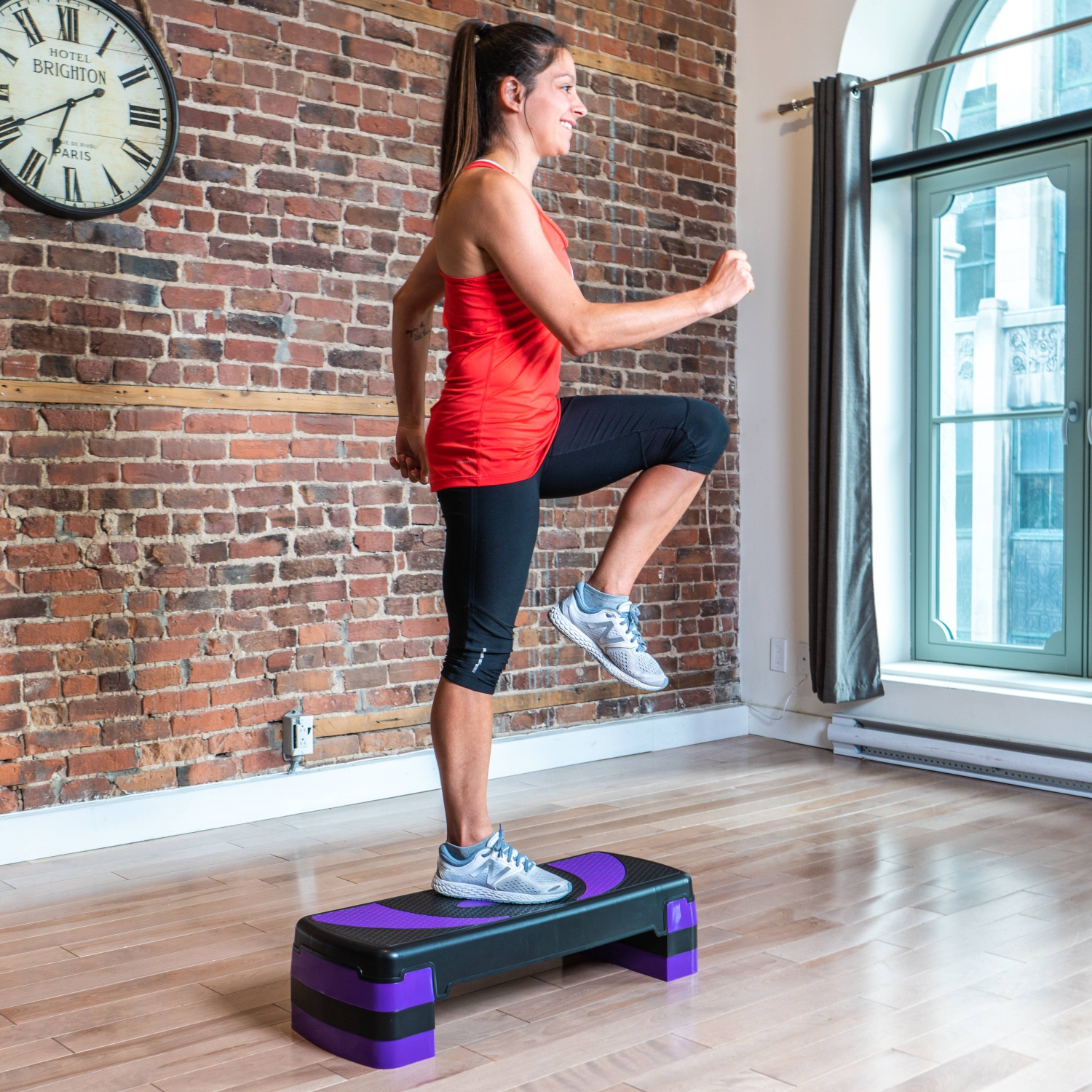 Simulateur d’escalier aérobie à 3 niveaux PRISP plateforme de marche pour gymnase à domicile et entraînement (violet et noir)