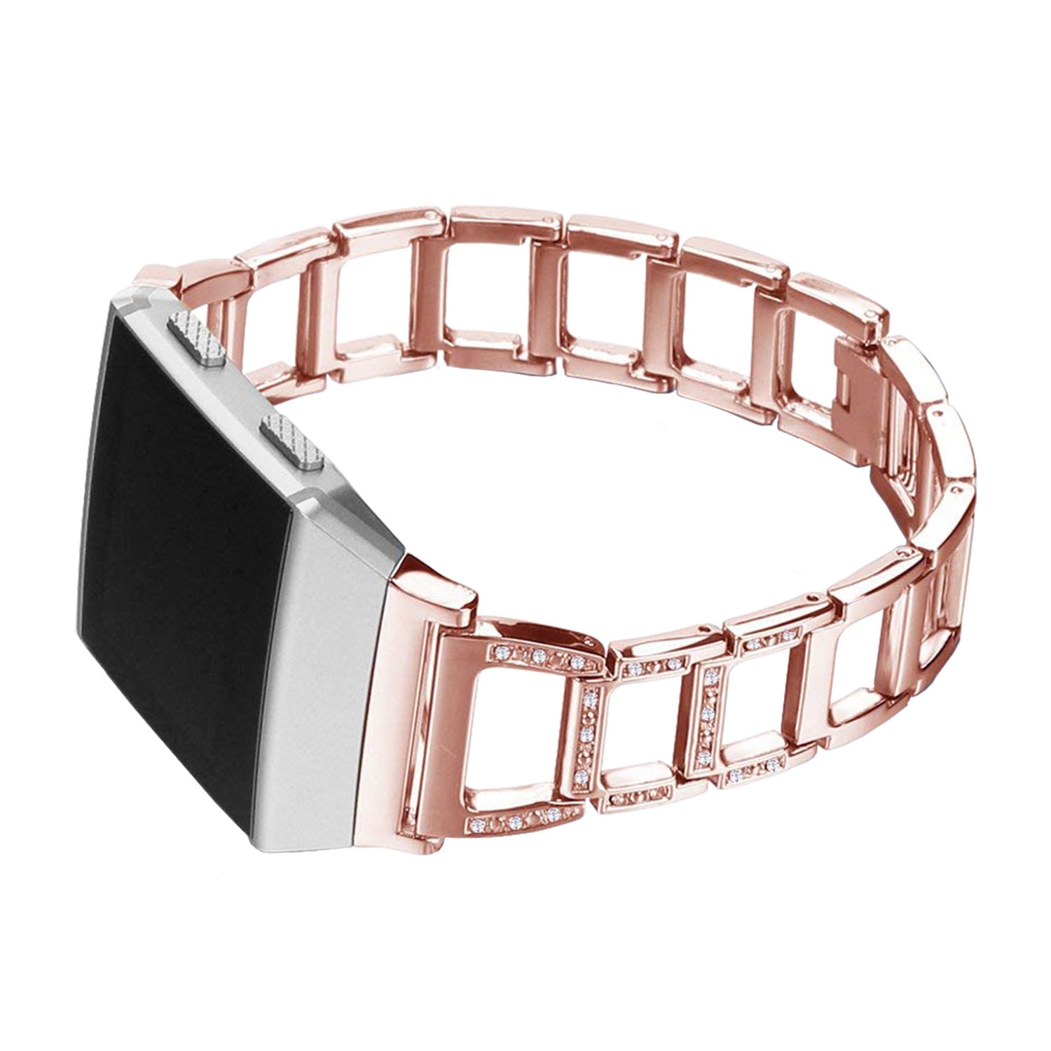 StrapsCo Stainless Steel Open Link Rhinestone Watch Band Bracelet Strap for Fitbit Ionic - Rose Gold