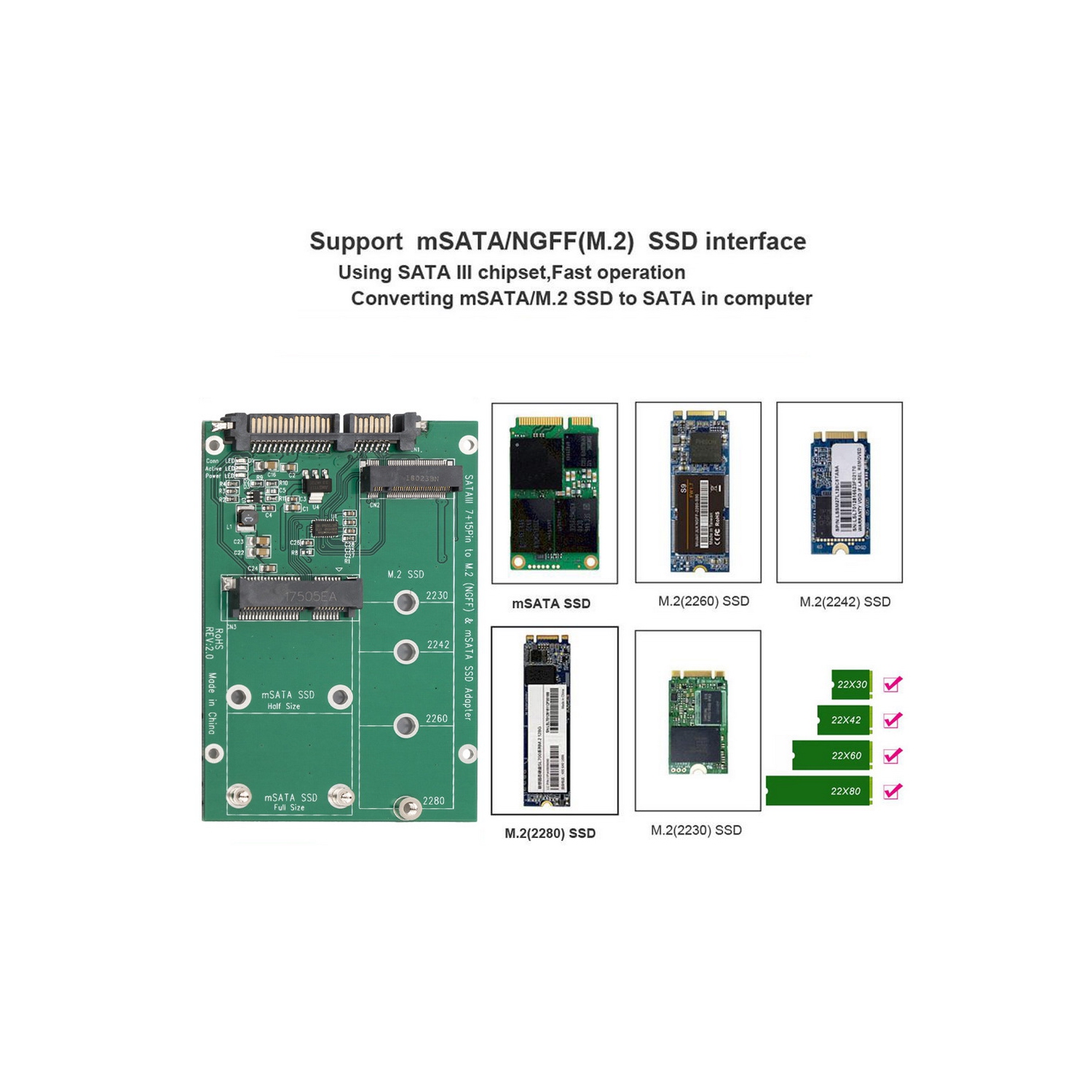 Adaptateur de convertisseur SSD mSATA/M2 NGFF vers SATA d’axGear, 2-en-1