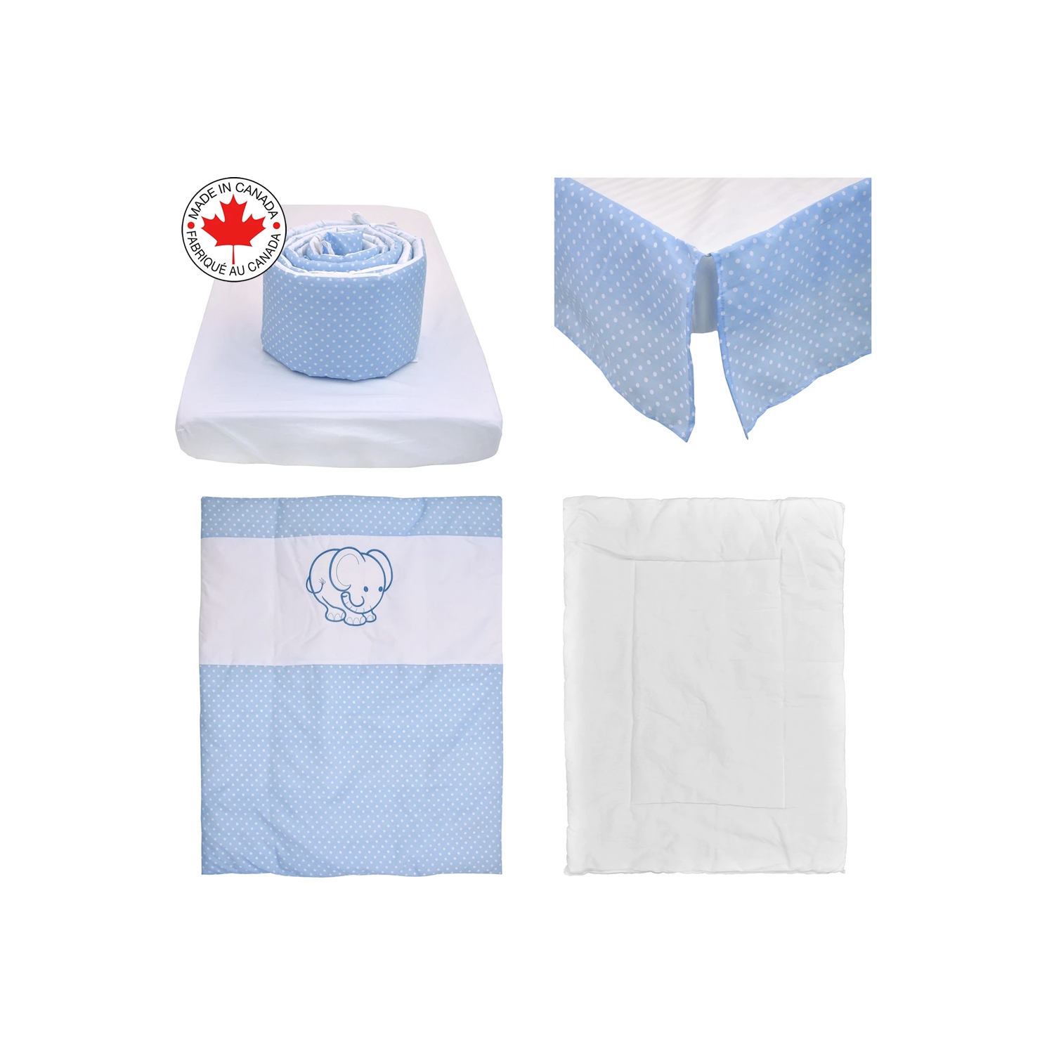 Belelo - 5 pièces de literie pour bébé - bleu et blanc avec un motif d’éléphant