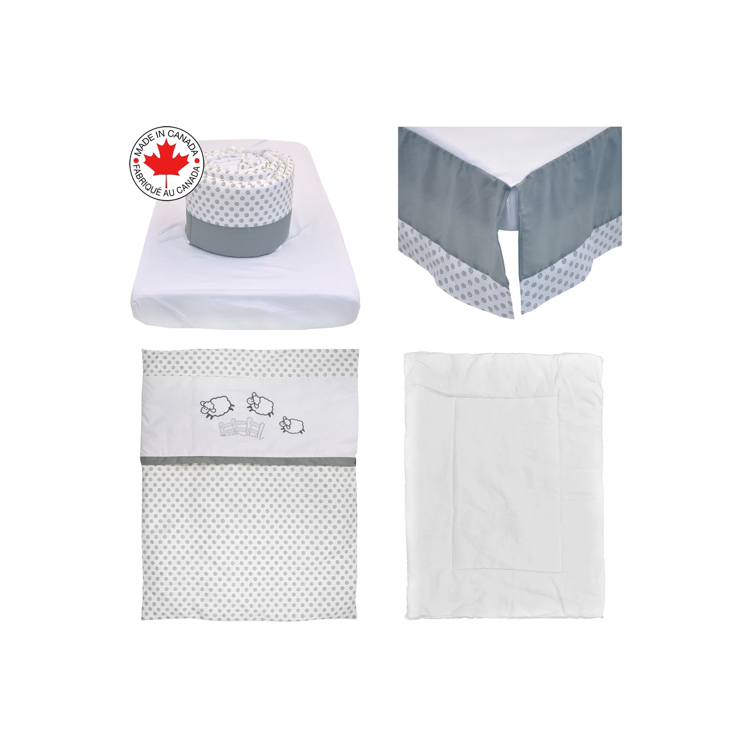 Bebelelo – Literie 5 morceaux pour bébé gris et blanc avec un motif de moutons