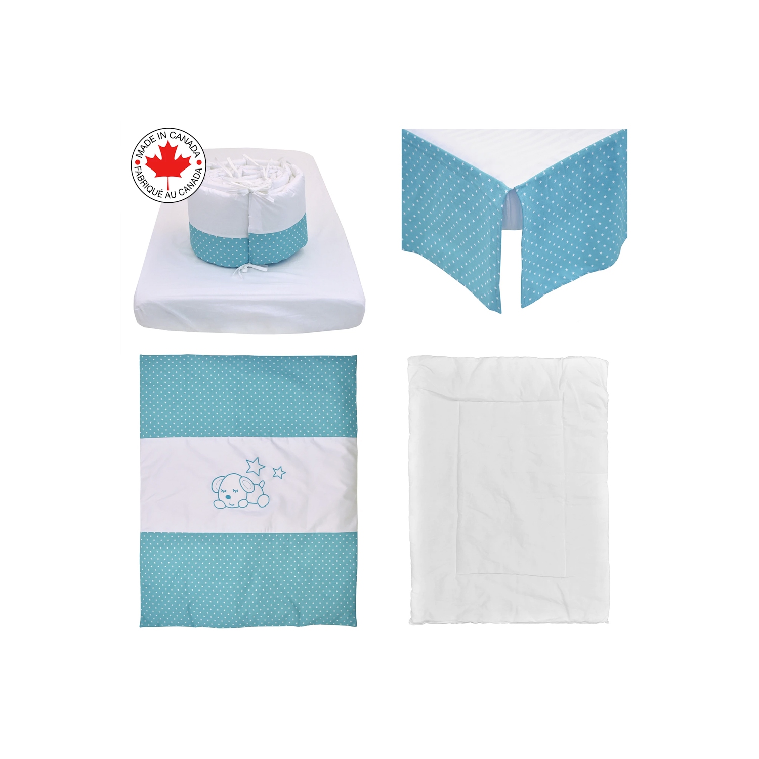 Belelo - 5 articles de literie pour bébé - turquoise et blanc avec un motif de chien dormant