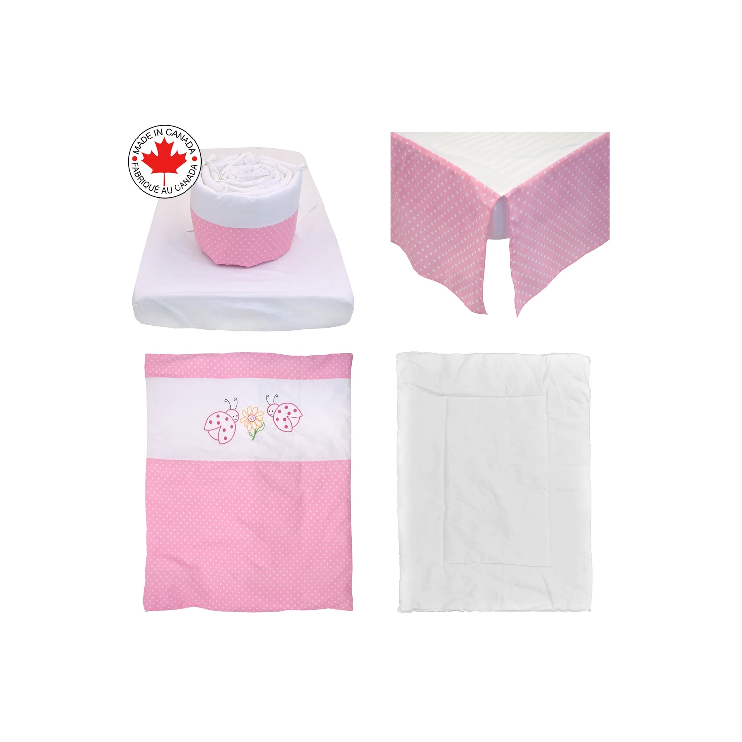 Belelo - 5 pièces de literie pour bébé - rose et blanc avec un motif de coccinelle