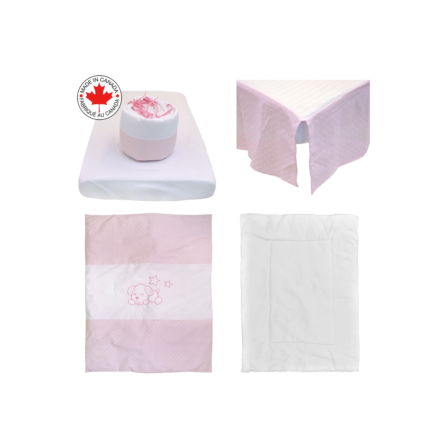 Bebelelo - 5 pieces bedding for baby - pink and white with a Sleeping Dog pattern