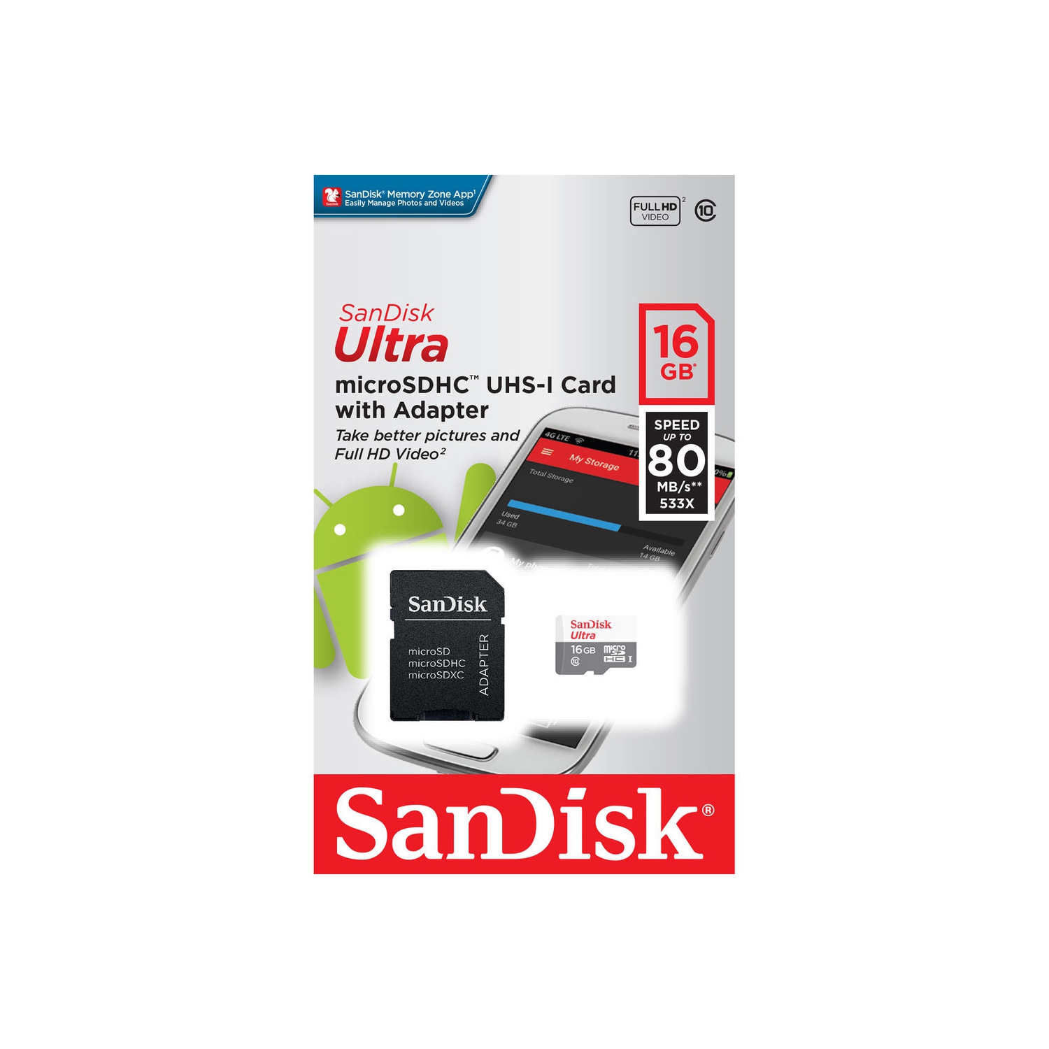 UNIVERSAL SANDISK 16GB MICRO SD MEMORY CARD WITH ADAPTER/CLASS 10