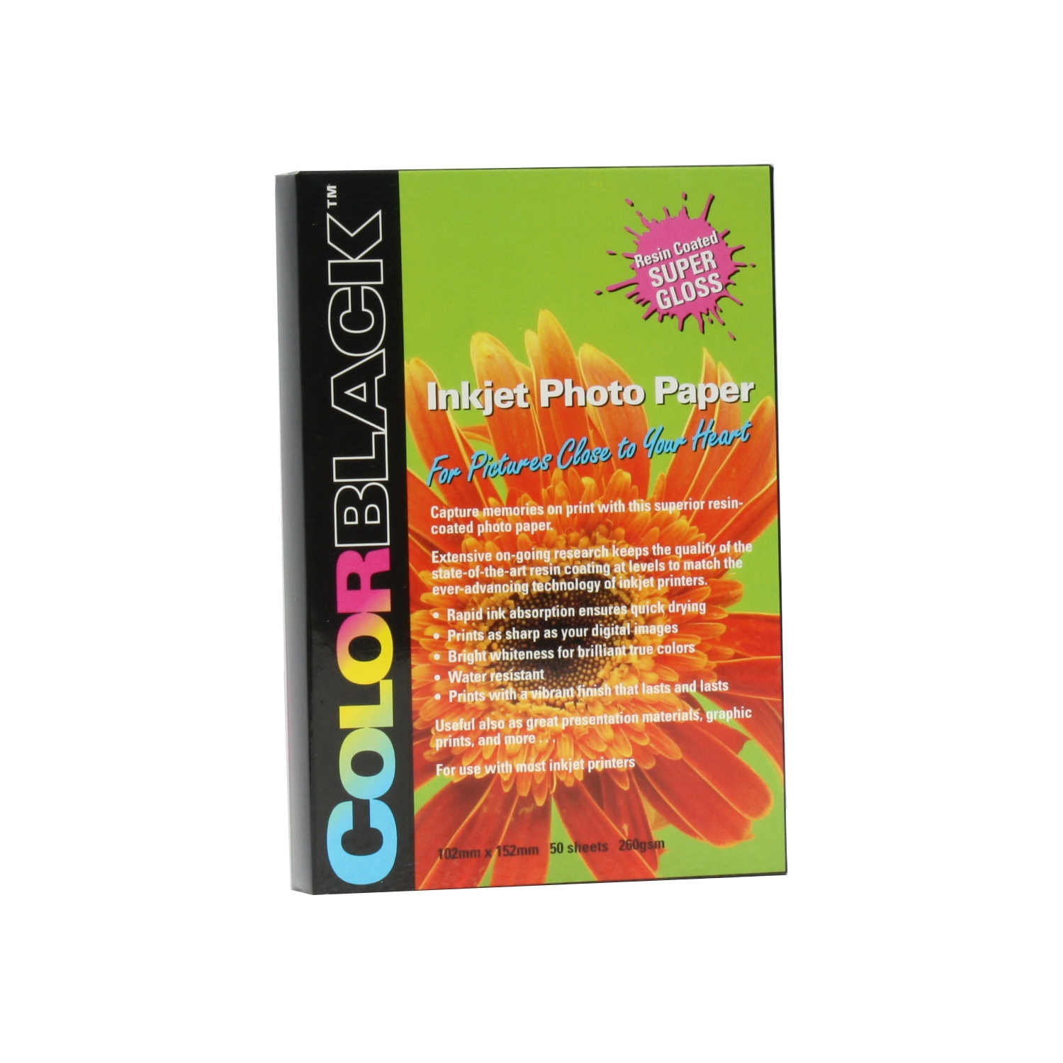 COLORBLACK® 2 Packs of Glossy Resin Coated Inkjet Photo Paper, 4X6 Inches / 102x152 mm, 69lbs / 260gsm, 50 sheets/Pack