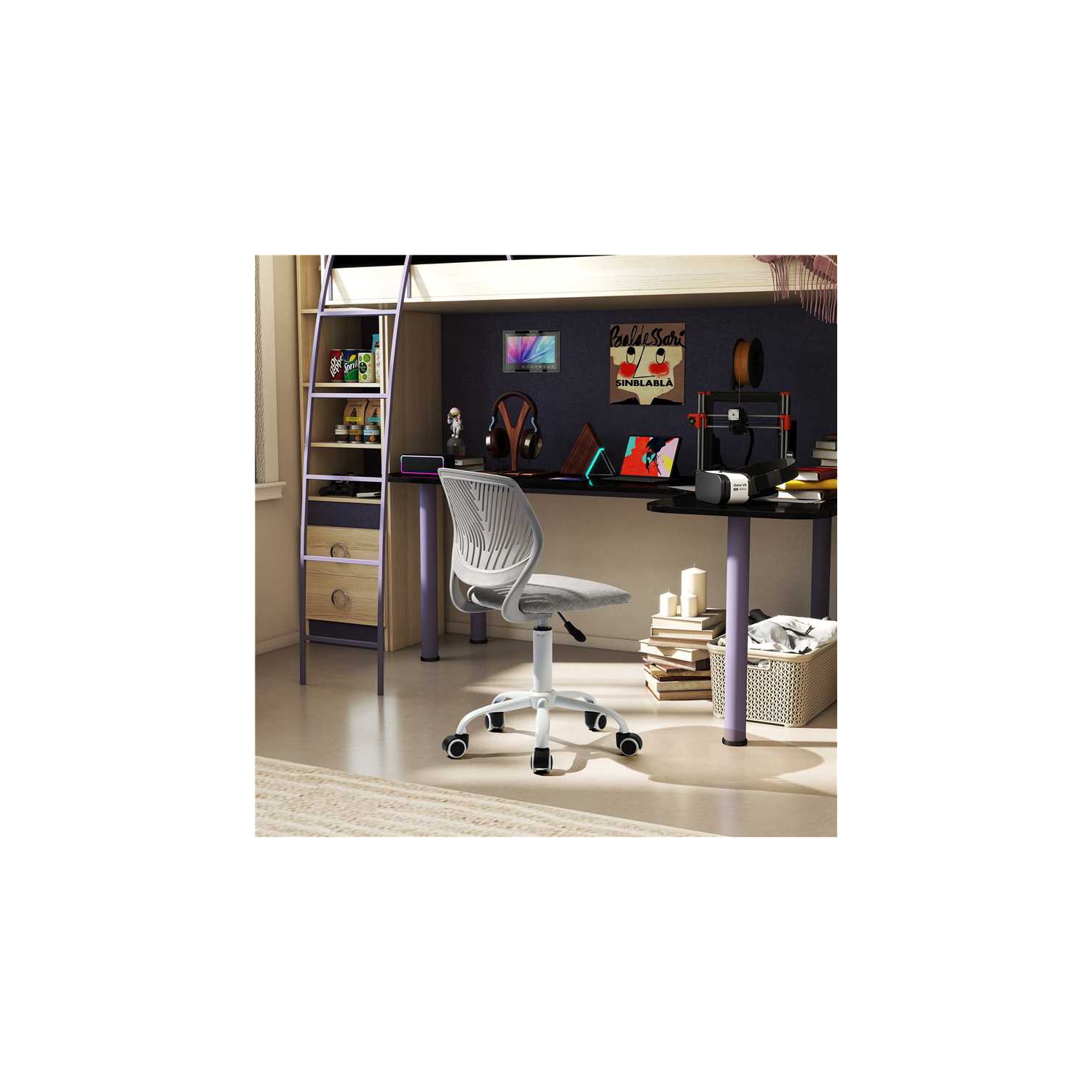 Fauteuil de jeu ergonomique à dossier haut de FurnitureR Racing, fauteuil pivotant, blanc et noir