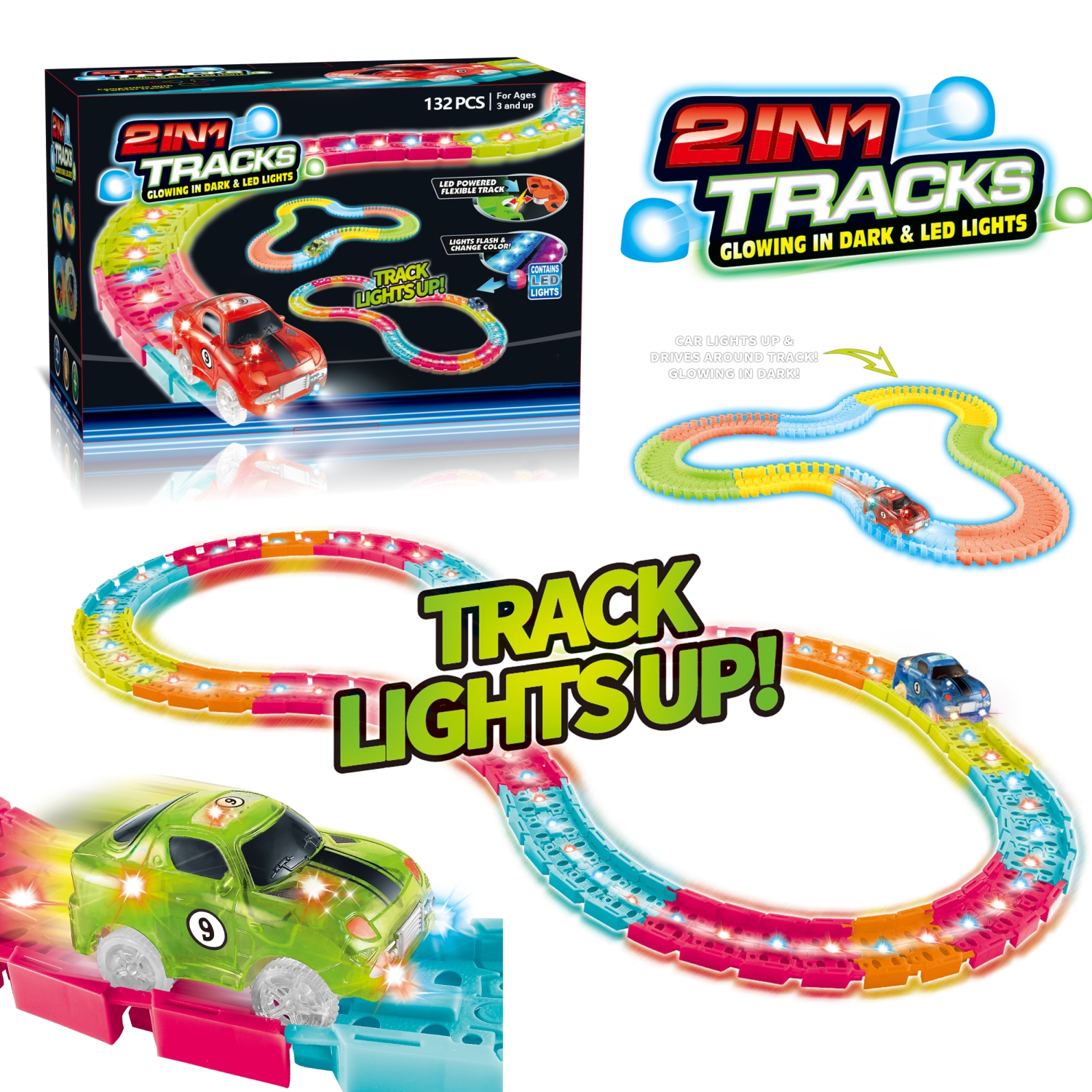 2 in 1 Glow in the Dark LED Lights Premium Track Set 132 Piece STEM Toy with Flexible Tracks and Light Up Race Car Best Buy Canada