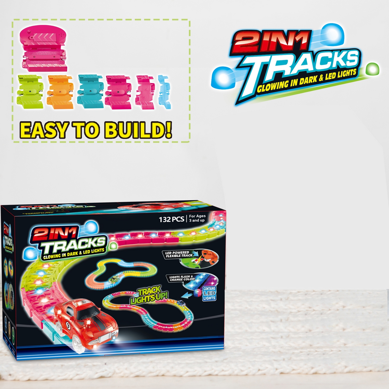 2 in 1 Glow in the Dark LED Lights Premium Track Set 132 Piece STEM Toy with Flexible Tracks and Light Up Race Car Best Buy Canada