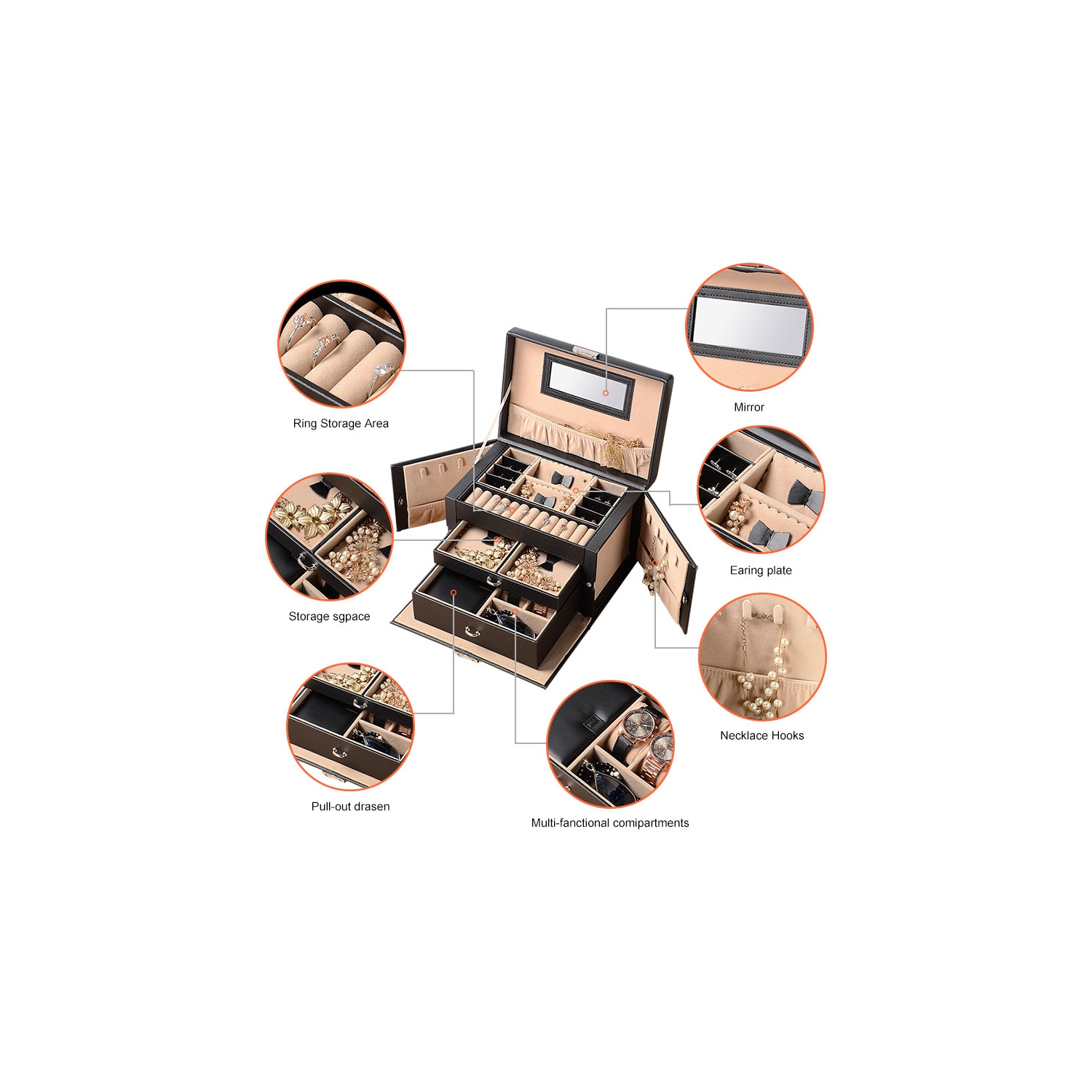 SortWise 3 Layers Lockable Jewelry Boxes 20 Compartments Leather Showcase Storage Organizer Case