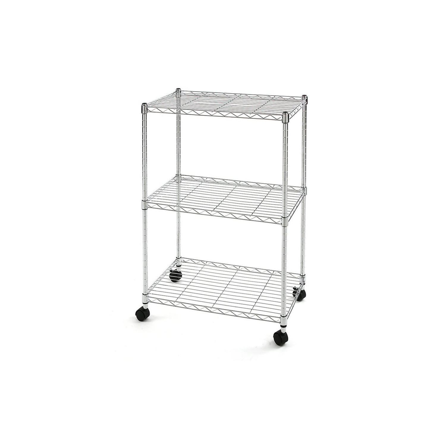 3-Tier Adjstable Metal Shelving Unit, Heavy Duty Organizer Wire Rack Storage Shelf Rack with Lockable Wheels, Chrome