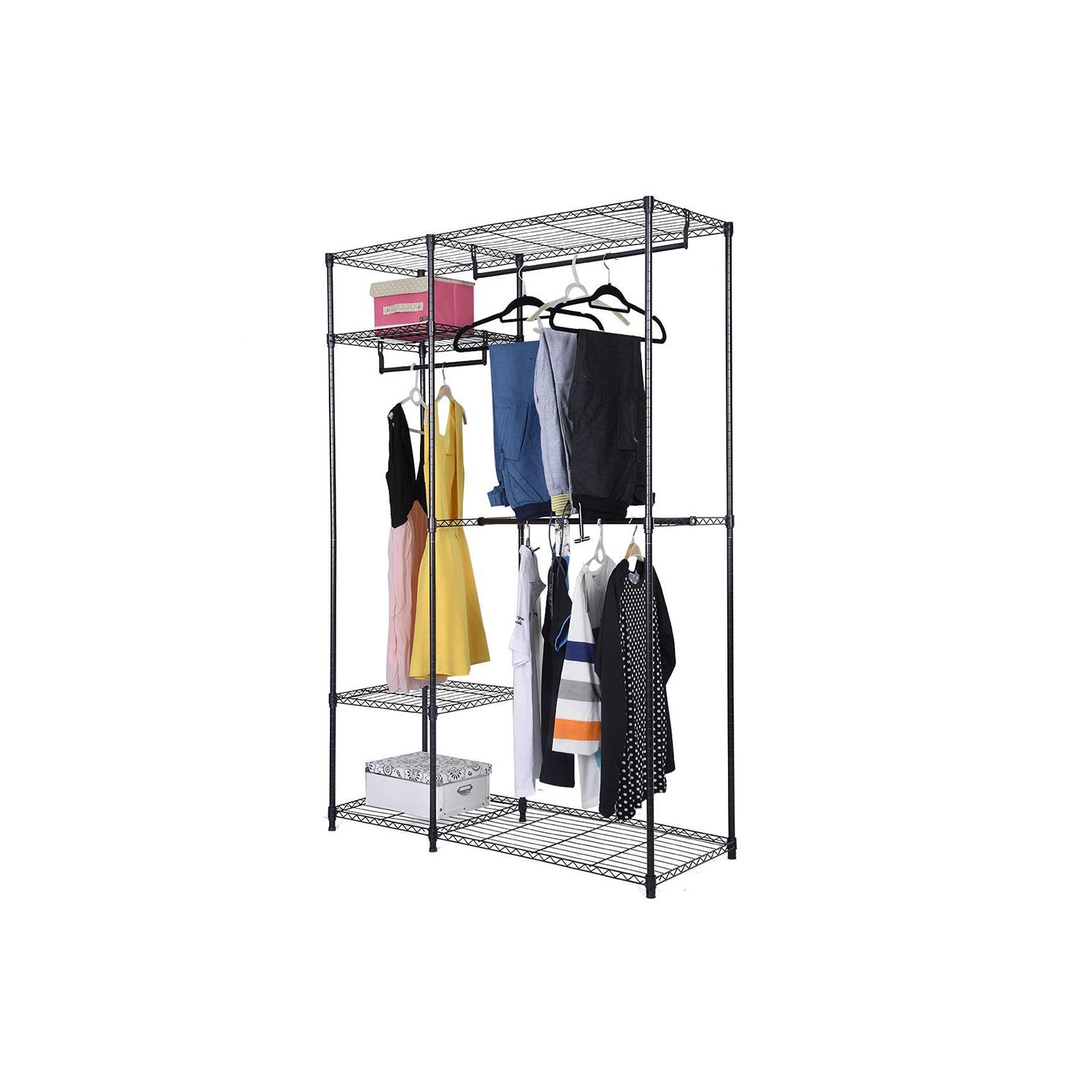 Freestanding Metal Hanging Storage Organizer Rack Wardrobe with Shelves, 3 Hanging Rod Adjustable Utility Closet Organizer Garment Rack