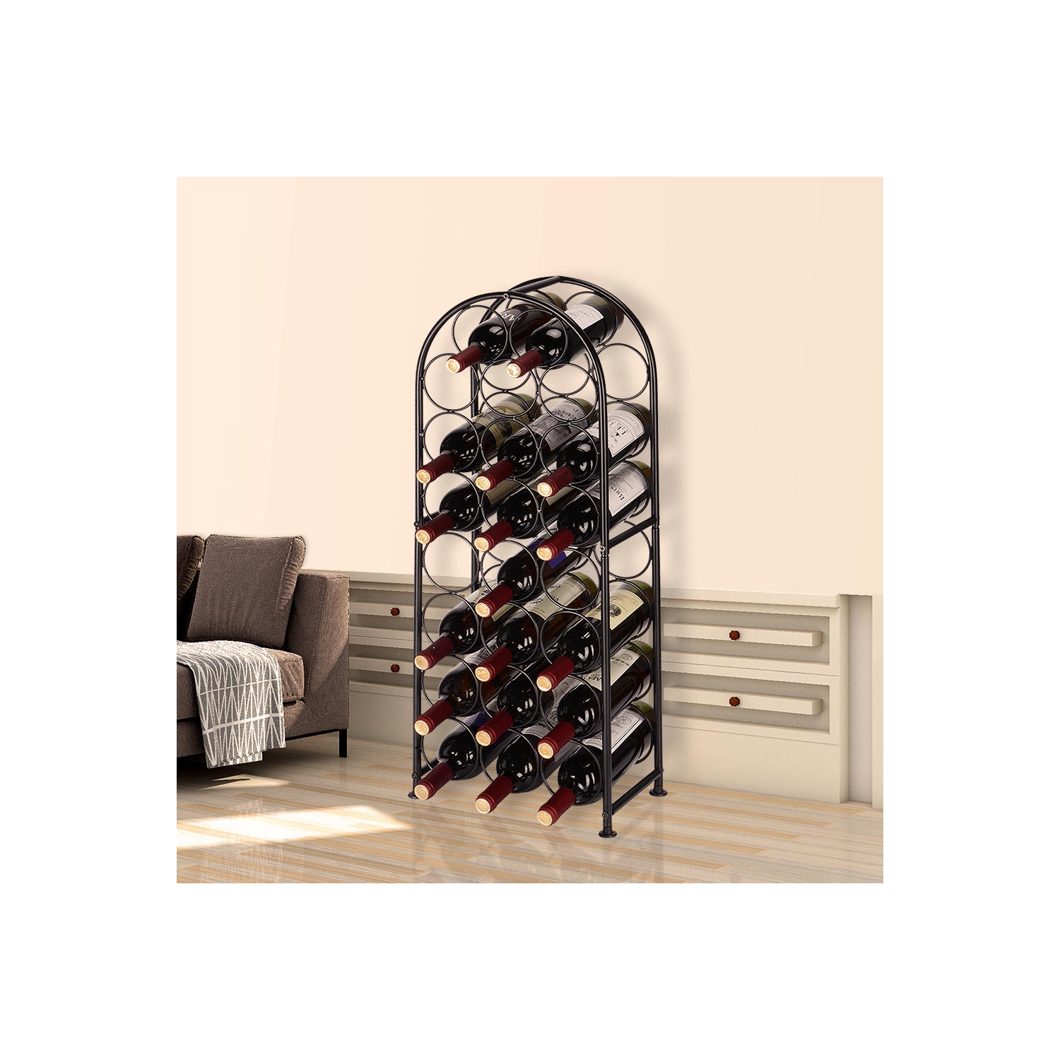 Porte-bouteilles en métal pour 23 bouteilles, porte-bouteilles arqué autoportant avec 4 pieds réglables pour le salon à usage personnel, noir
