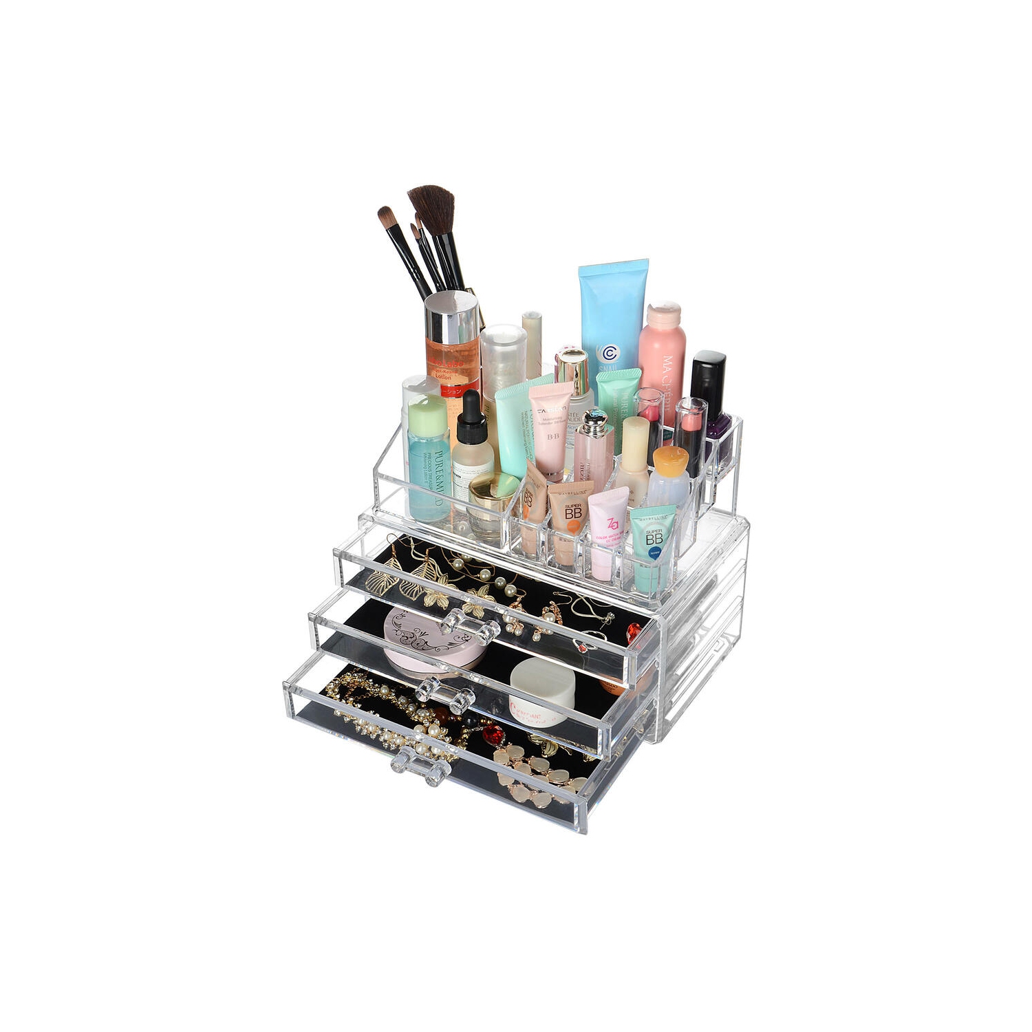 display4top Organisateur Maquillage Acrylique Boîte à Bijoux Transparent  Rangement de Maquillage Pinceaux 4 Tiers Tiroirs (Clear)