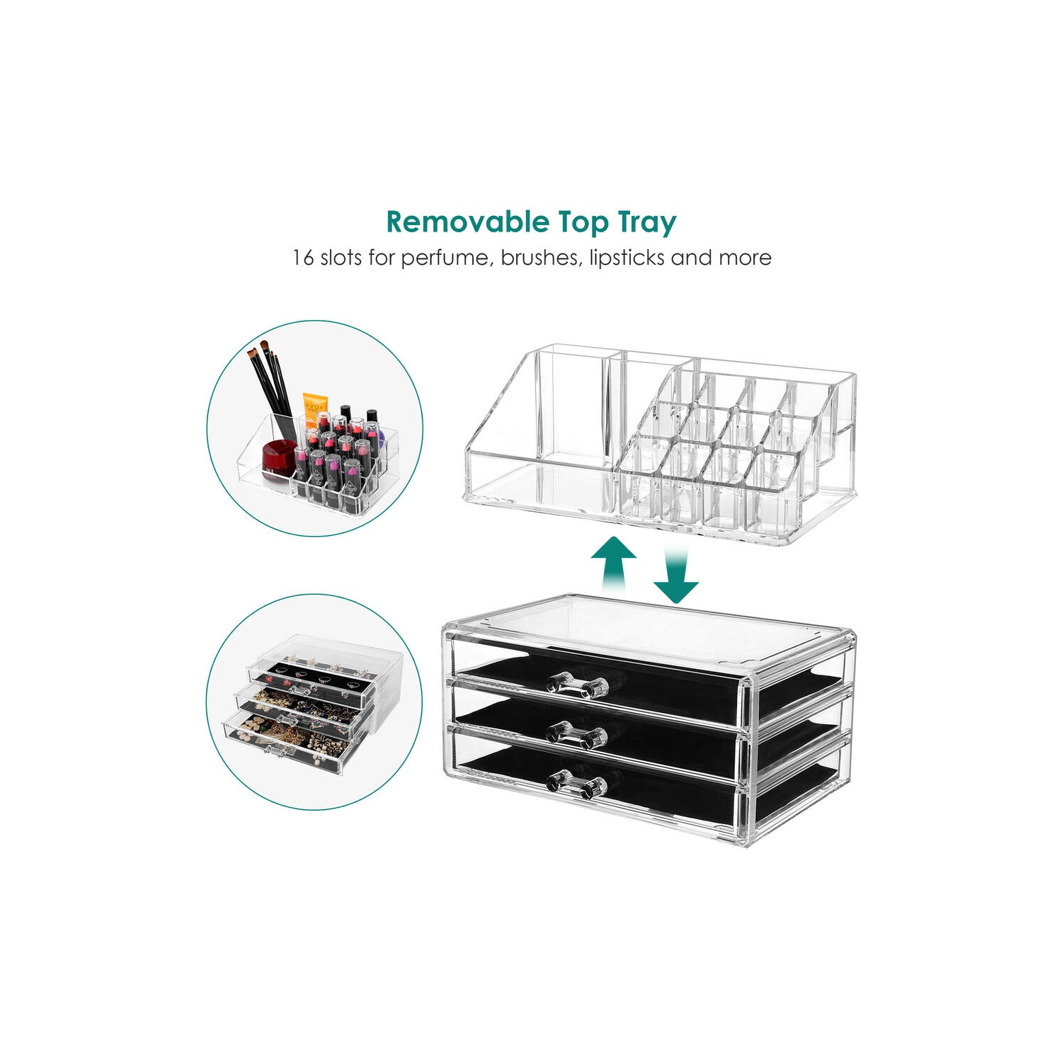 DIY Detachable 3 Drawers Acrylic Cosmetic Makeup Organizer，Clear Storage Container Box Case （9.4" X 7.5", 2 Pieces Set）