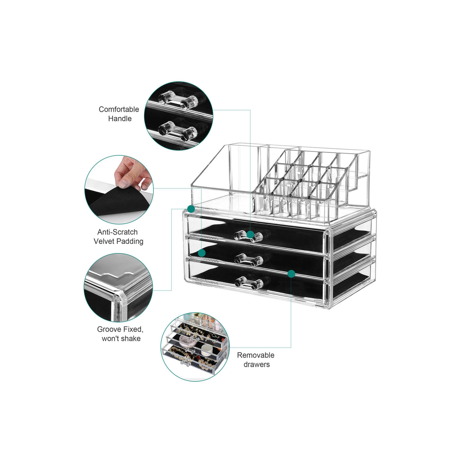 DIY Detachable 3 Drawers Acrylic Cosmetic Makeup Organizer，Clear Storage Container Box Case （9.4" X 7.5", 2 Pieces Set）