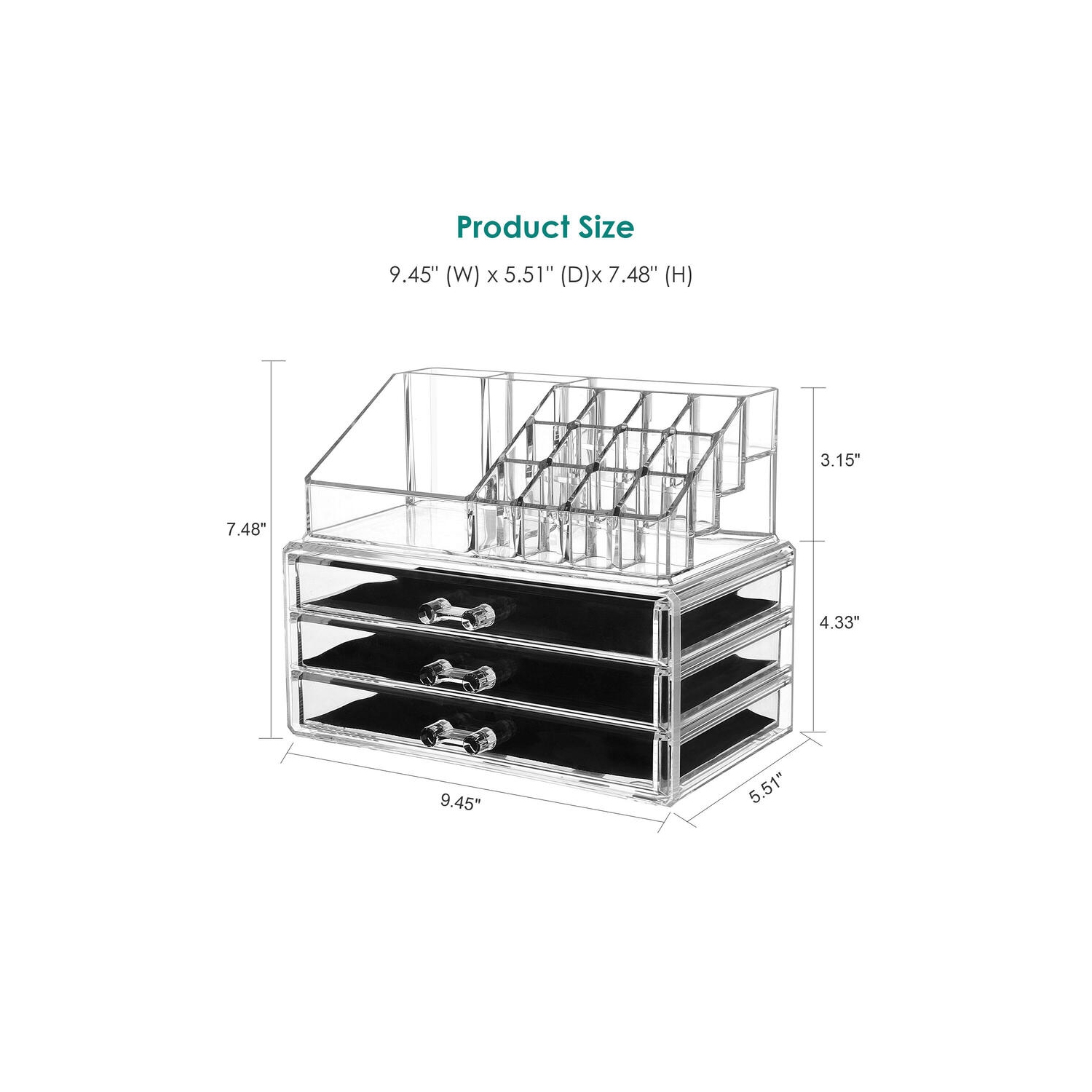 DIY Detachable 3 Drawers Acrylic Cosmetic Makeup Organizer，Clear Storage Container Box Case （9.4" X 7.5", 2 Pieces Set）