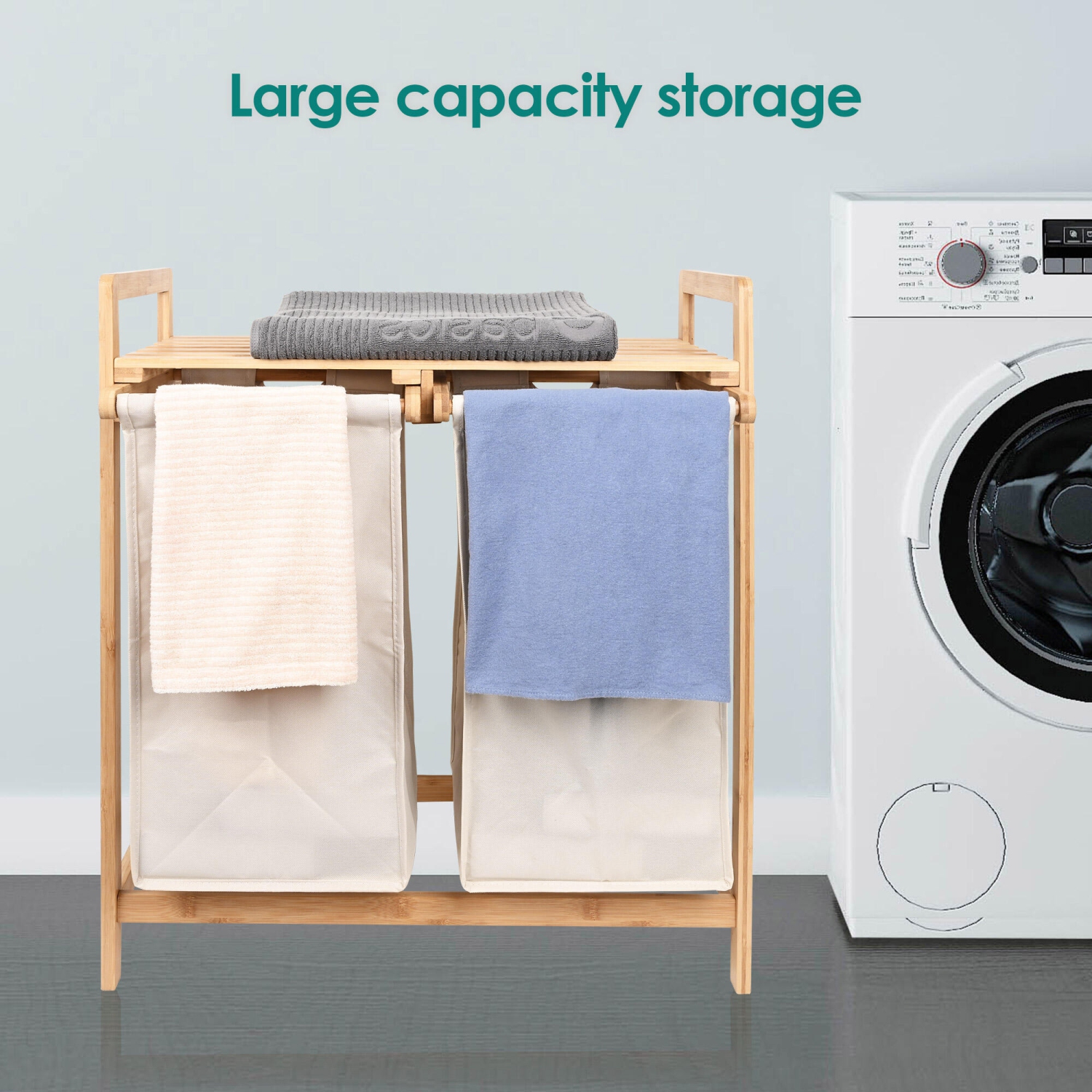 Panier à linge en bambou panier à linge, station de lavage en bambou 3 en 1, support de rangement de salle de bain avec panier, finition naturelle