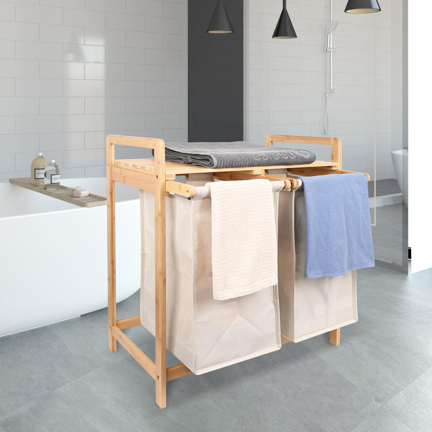 Panier à linge en bambou panier à linge, station de lavage en bambou 3 en 1, support de rangement de salle de bain avec panier, finition naturelle