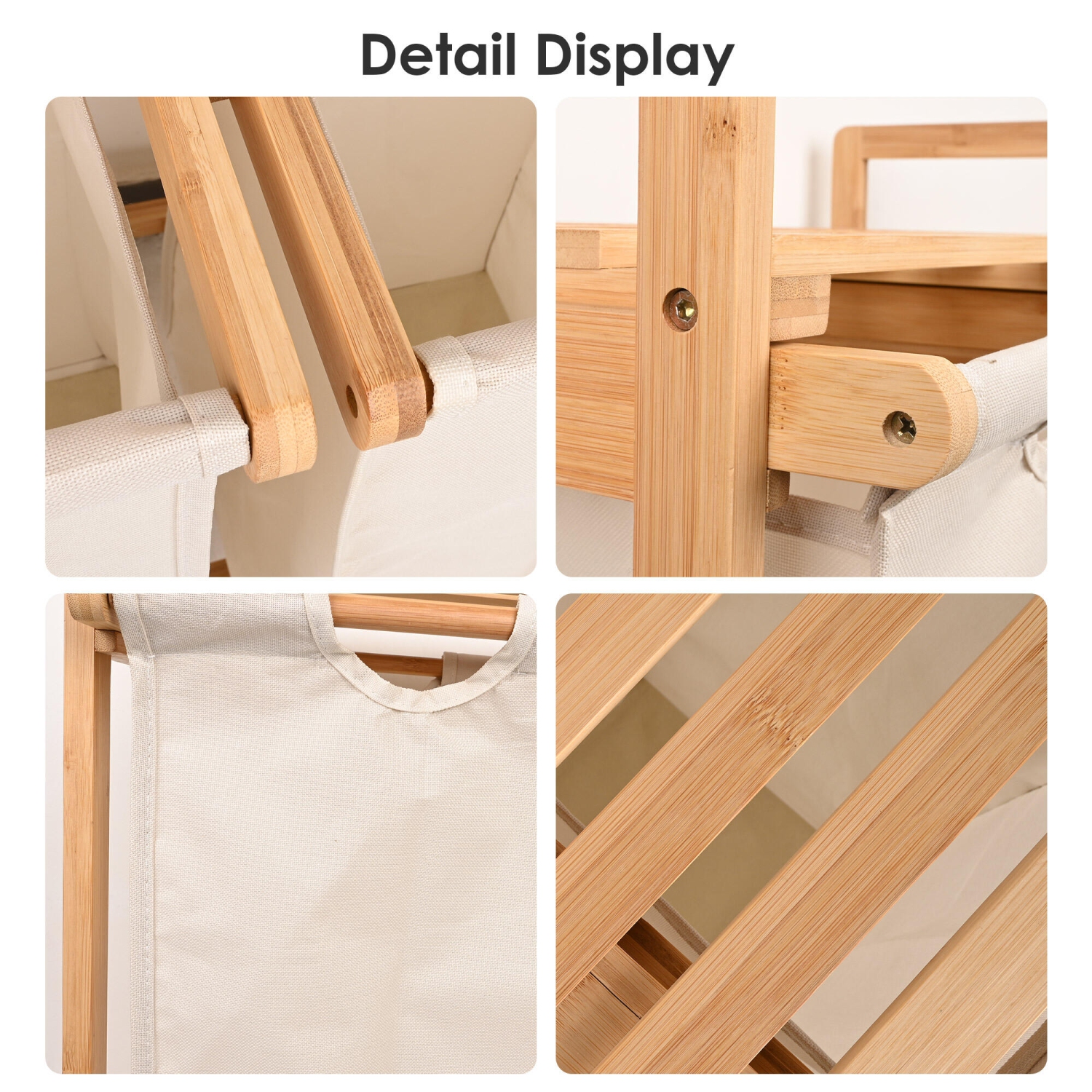 Panier à linge en bambou panier à linge, station de lavage en bambou 3 en 1, support de rangement de salle de bain avec panier, finition naturelle