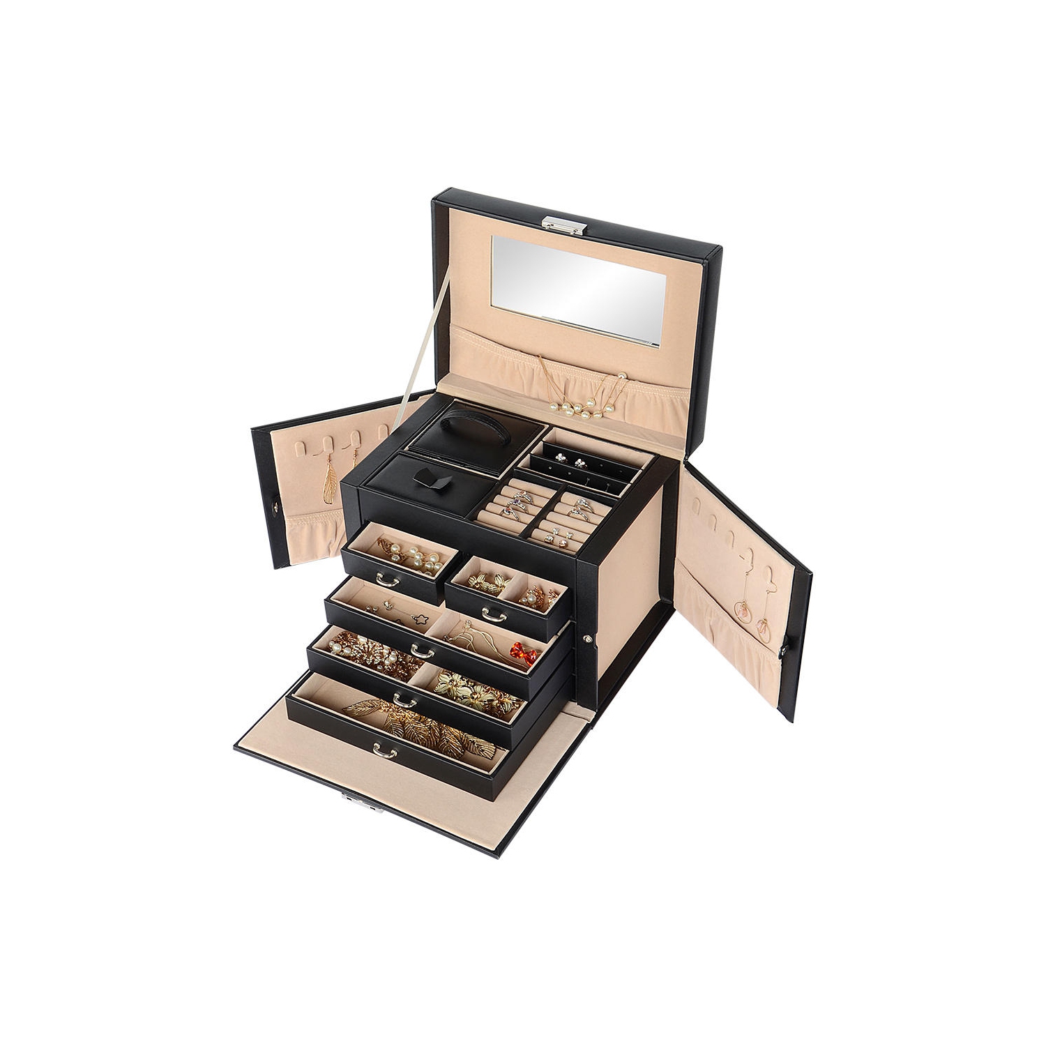 Boîtes à Bijoux Verrouillables Stockage 20 Compartiments Grande Capacité Vitrine en Cuir Multicouche Organisateur Cas pour Clous Boucles d'Oreilles