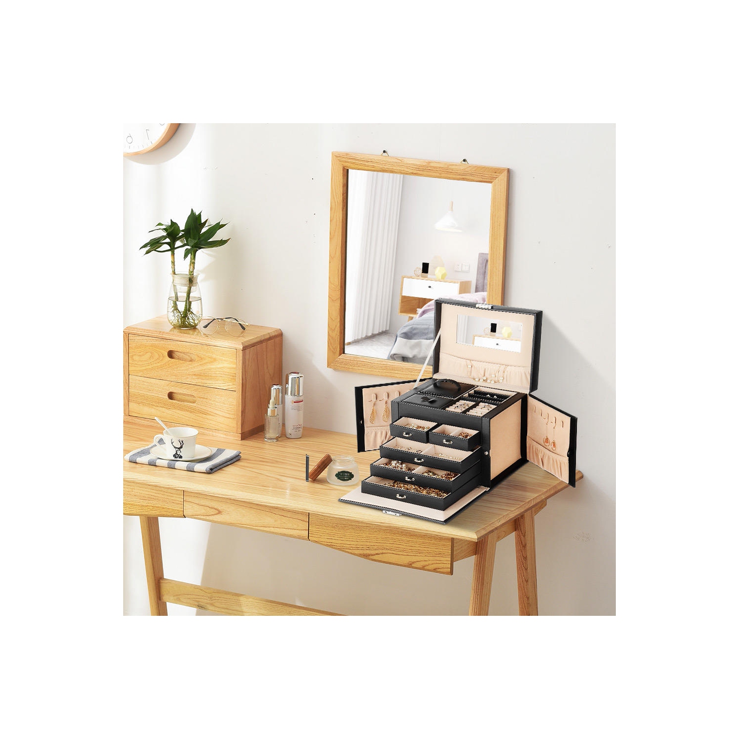 Boîtes à Bijoux Verrouillables Stockage 20 Compartiments Grande Capacité Vitrine en Cuir Multicouche Organisateur Cas pour Clous Boucles d'Oreilles