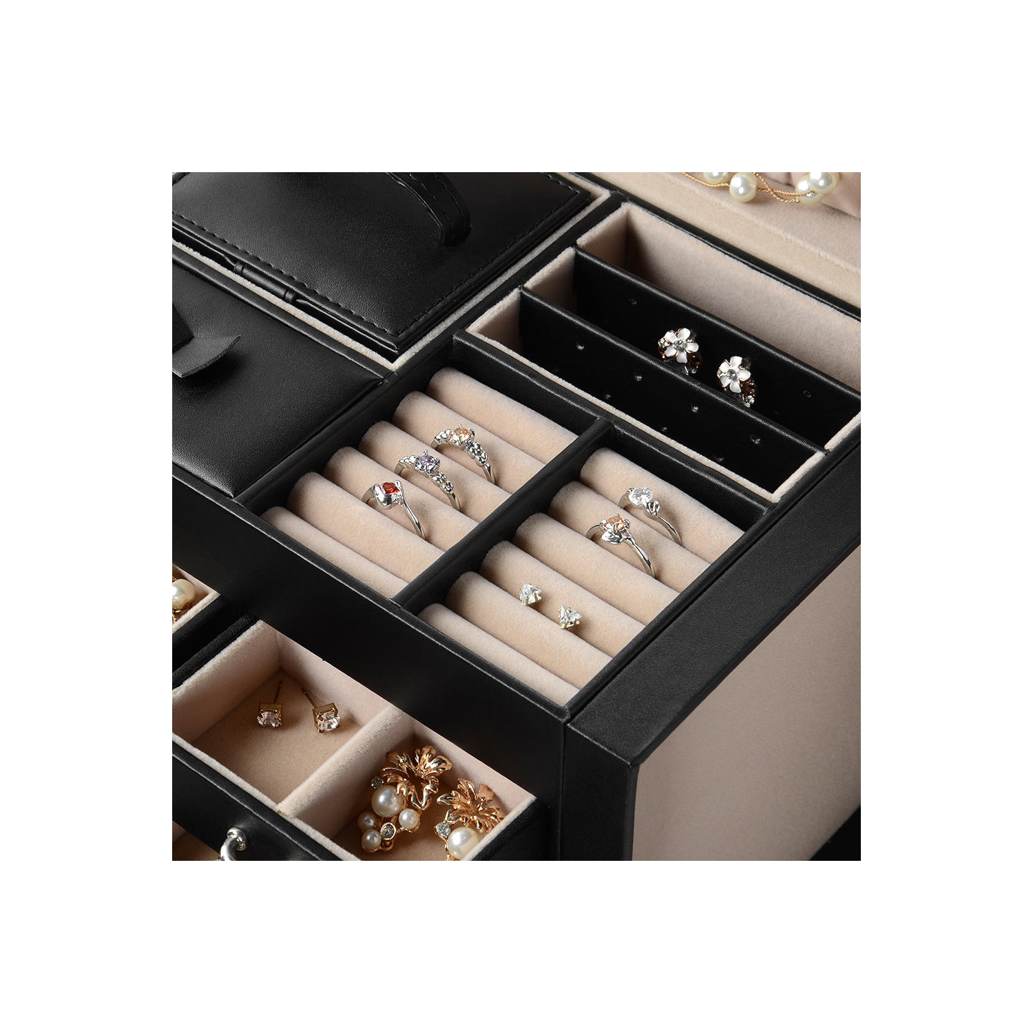 Boîtes à Bijoux Verrouillables Stockage 20 Compartiments Grande Capacité Vitrine en Cuir Multicouche Organisateur Cas pour Clous Boucles d'Oreilles