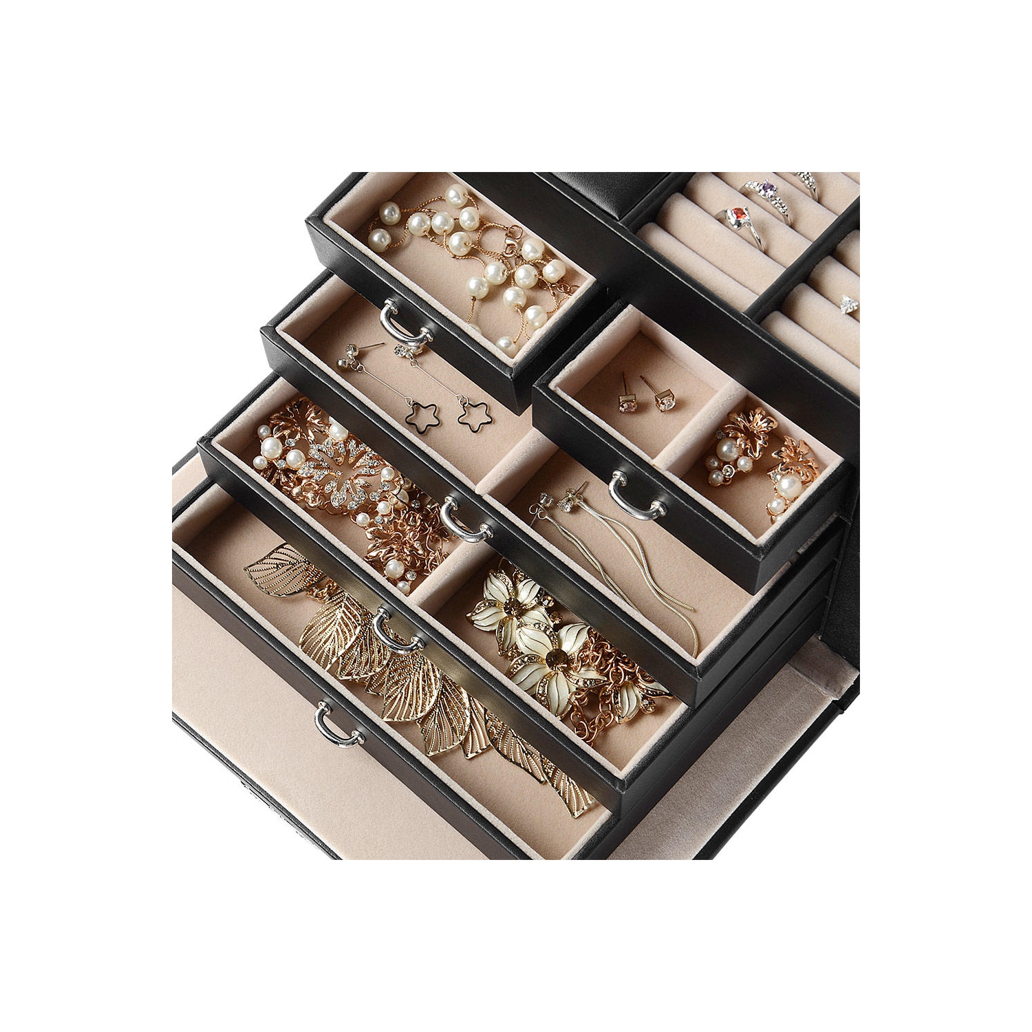 Boîtes à Bijoux Verrouillables Stockage 20 Compartiments Grande Capacité Vitrine en Cuir Multicouche Organisateur Cas pour Clous Boucles d'Oreilles