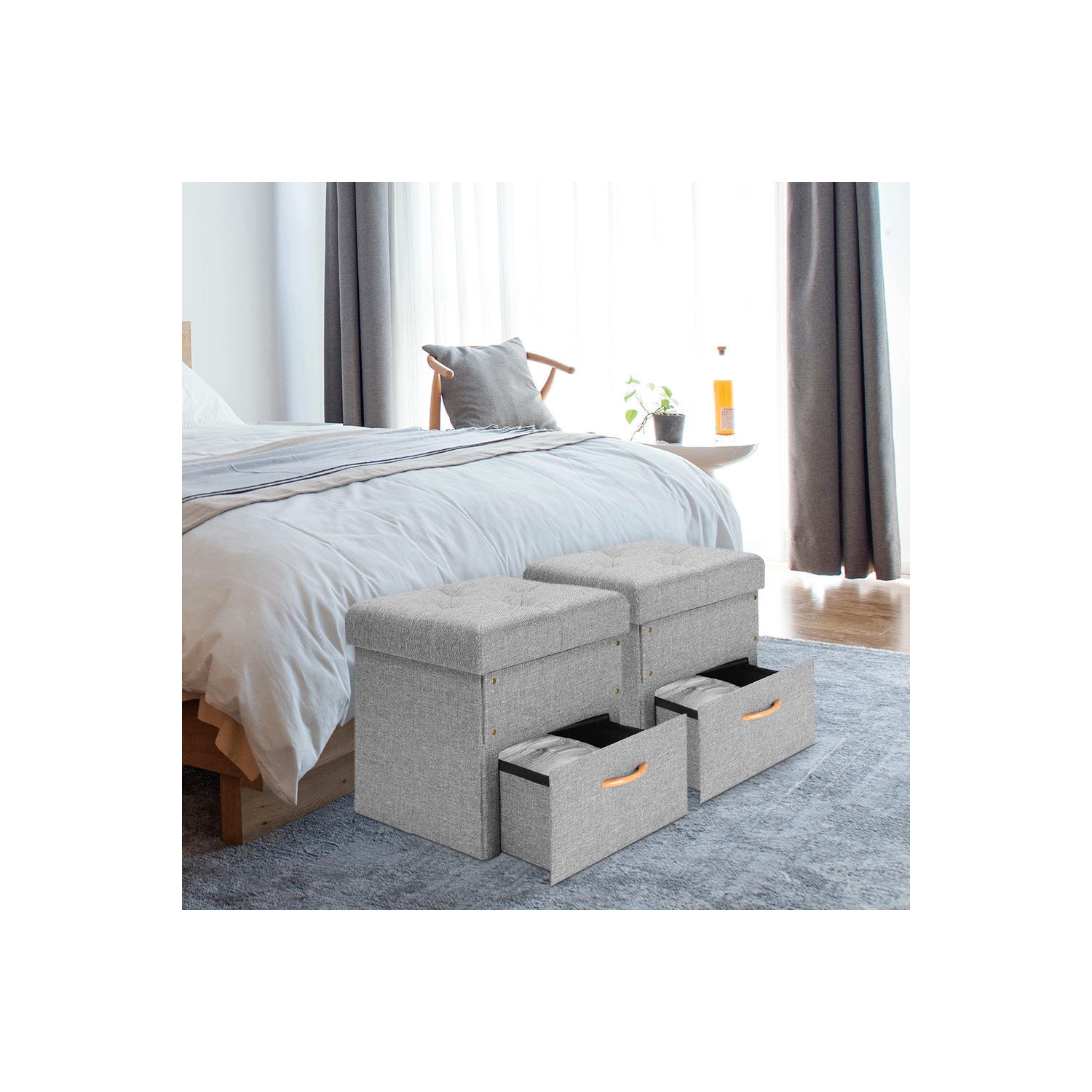 Pouf de rangement pliant avec un tiroir, repose-pieds de coffre de rangement - supporte jusqu’à 440 lb/200&nbsp;kg