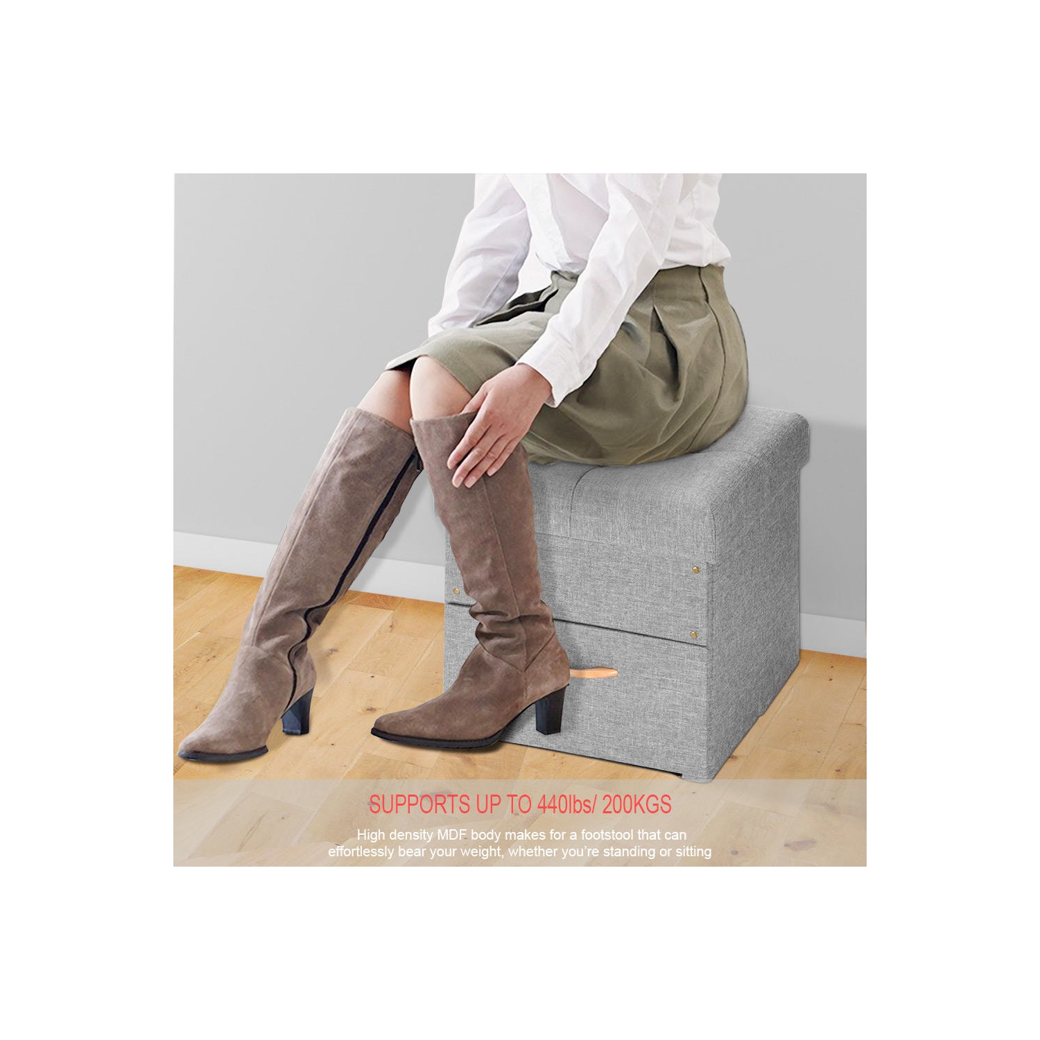 Pouf de rangement pliant avec un tiroir, repose-pieds de coffre de rangement - supporte jusqu’à 440 lb/200&nbsp;kg