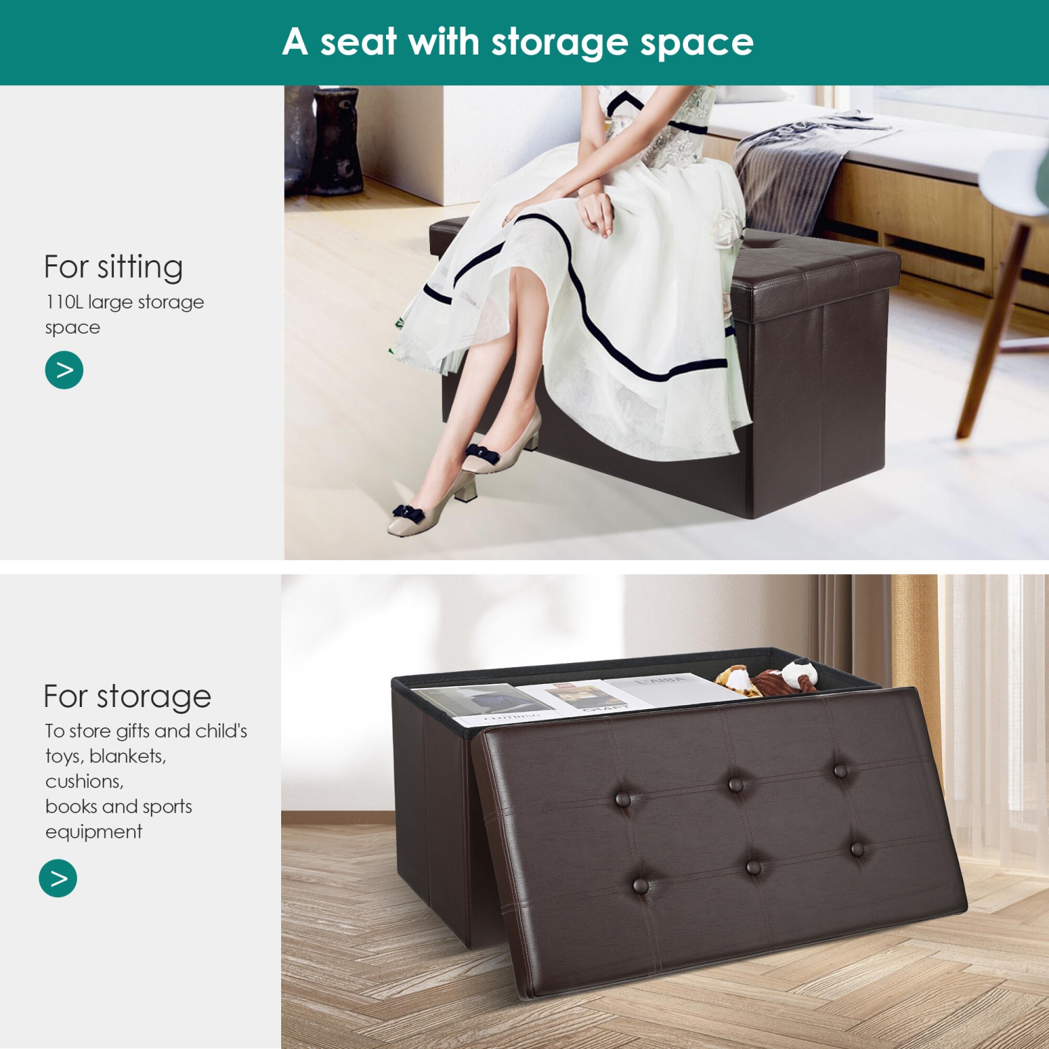 30" Folding Storage Ottoman Bench, Faux Leather Foot Rest Stool Seat, Brown, 30" x 15" x 15"