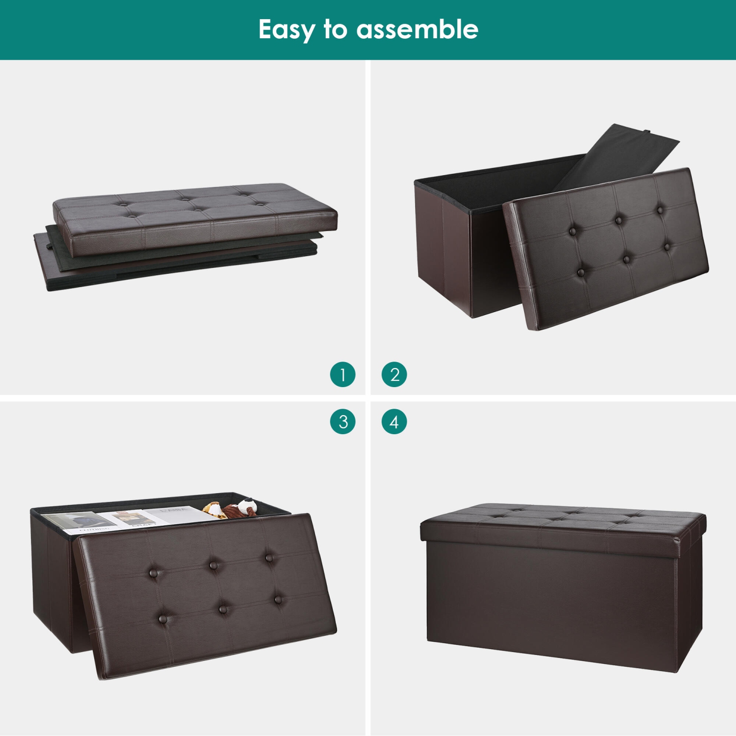 30" Folding Storage Ottoman Bench, Faux Leather Foot Rest Stool Seat, Brown, 30" x 15" x 15"