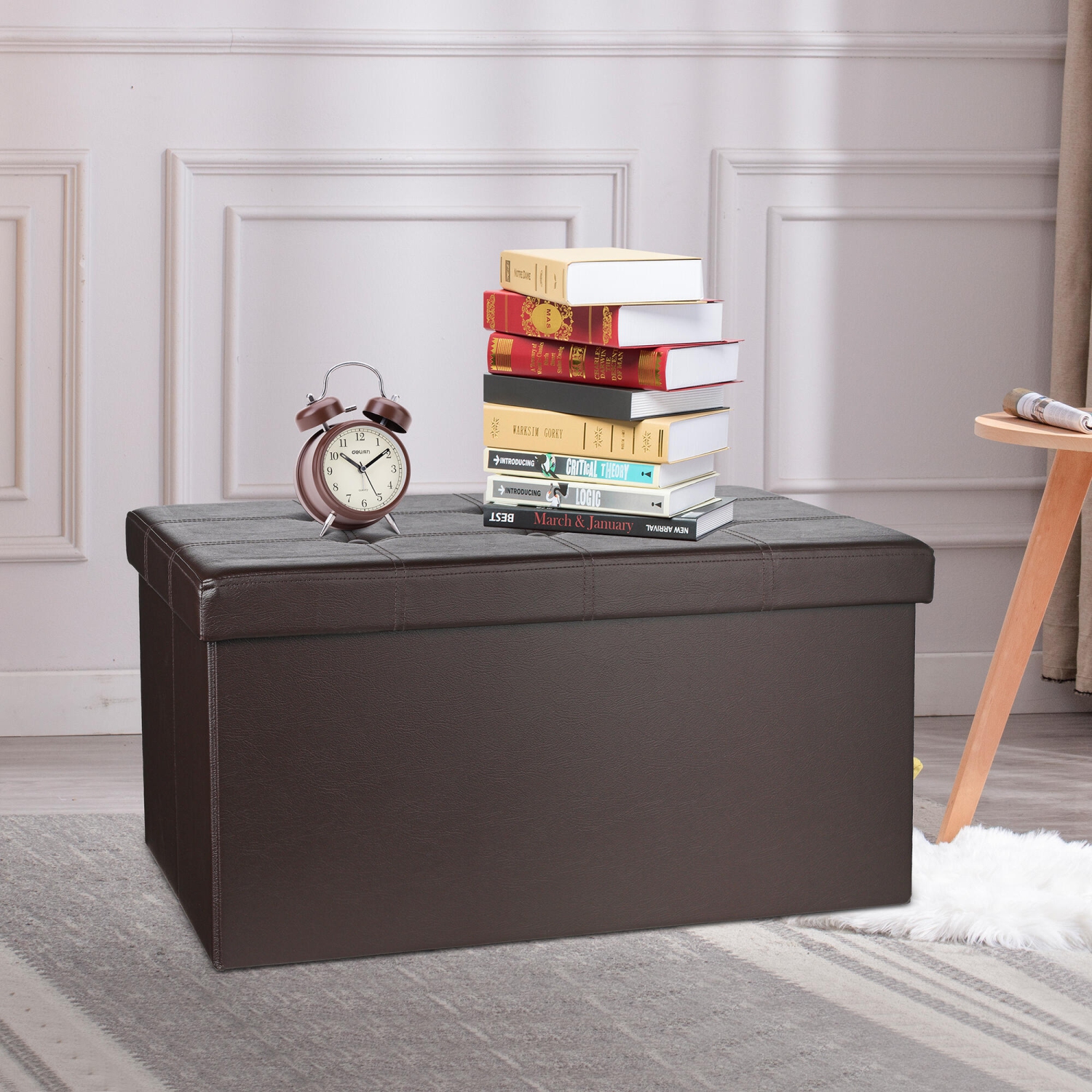 30" Folding Storage Ottoman Bench, Faux Leather Foot Rest Stool Seat, Brown, 30" x 15" x 15"