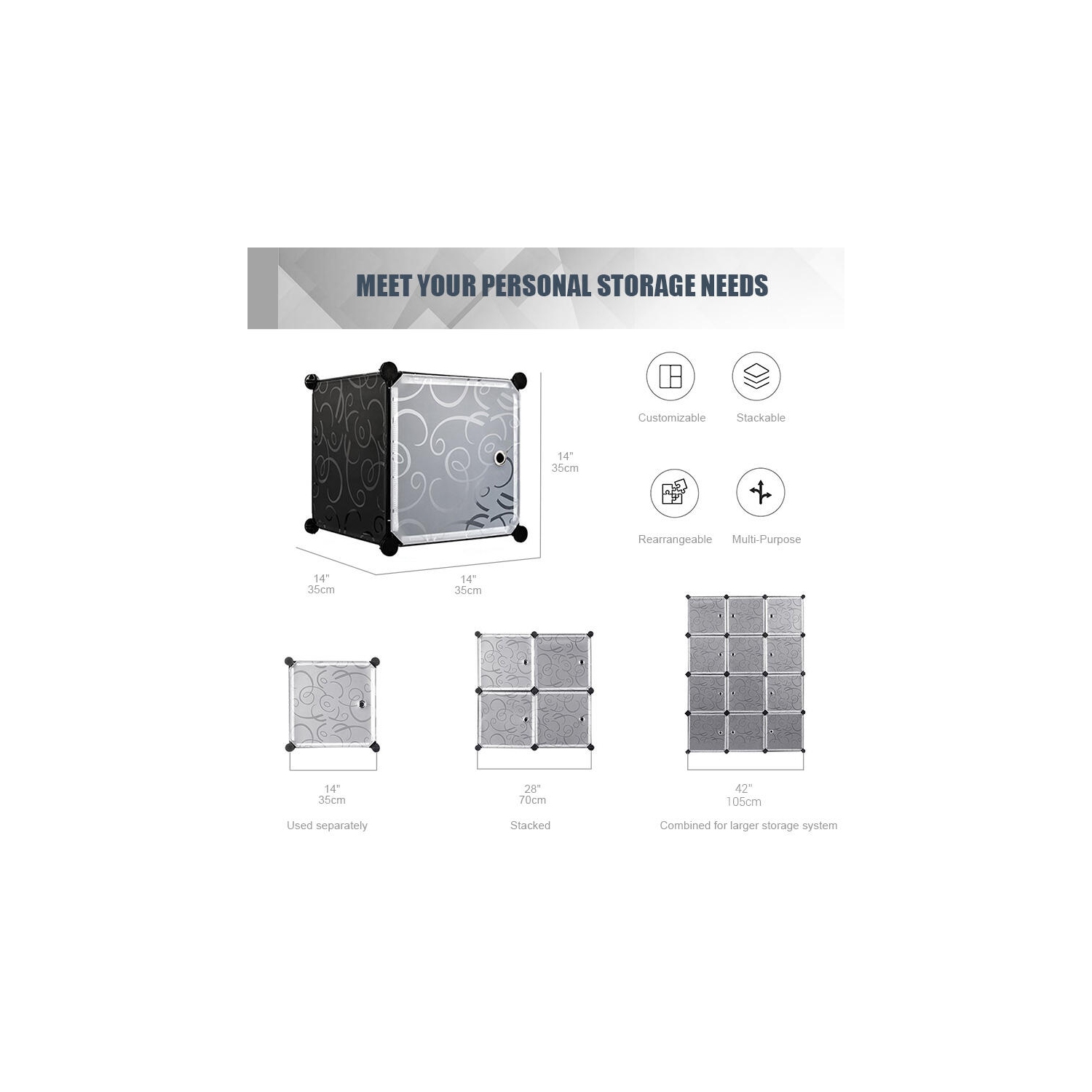 SortWise Cube Storage Organizer, 12 Plastic Cubes with Doors, Stackable Shelving Units for Organization, Black, 14x14x14 Inches/Each Cubes