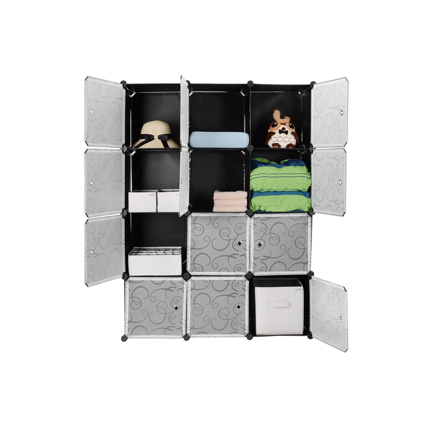 SortWise Cube Storage Organizer, 12 Plastic Cubes with Doors, Stackable Shelving Units for Organization, Black, 14x14x14 Inches/Each Cubes