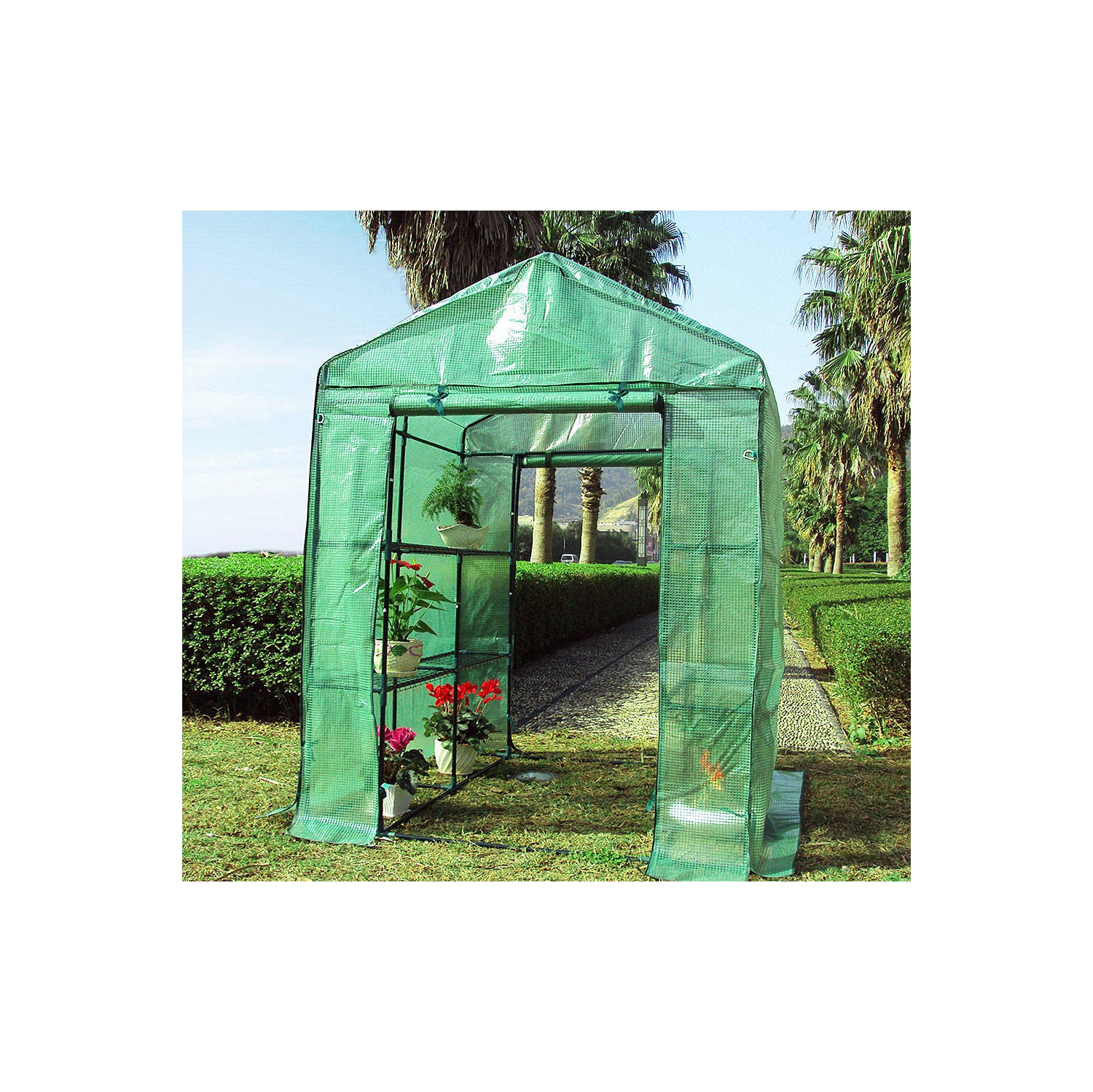 Grand serre-poulailler de 61 x 55 x 78 po, 2 Tiers, maison verte à 8 tablettes avec porte à fermeture à glissière enroulable pour fleurs de fines