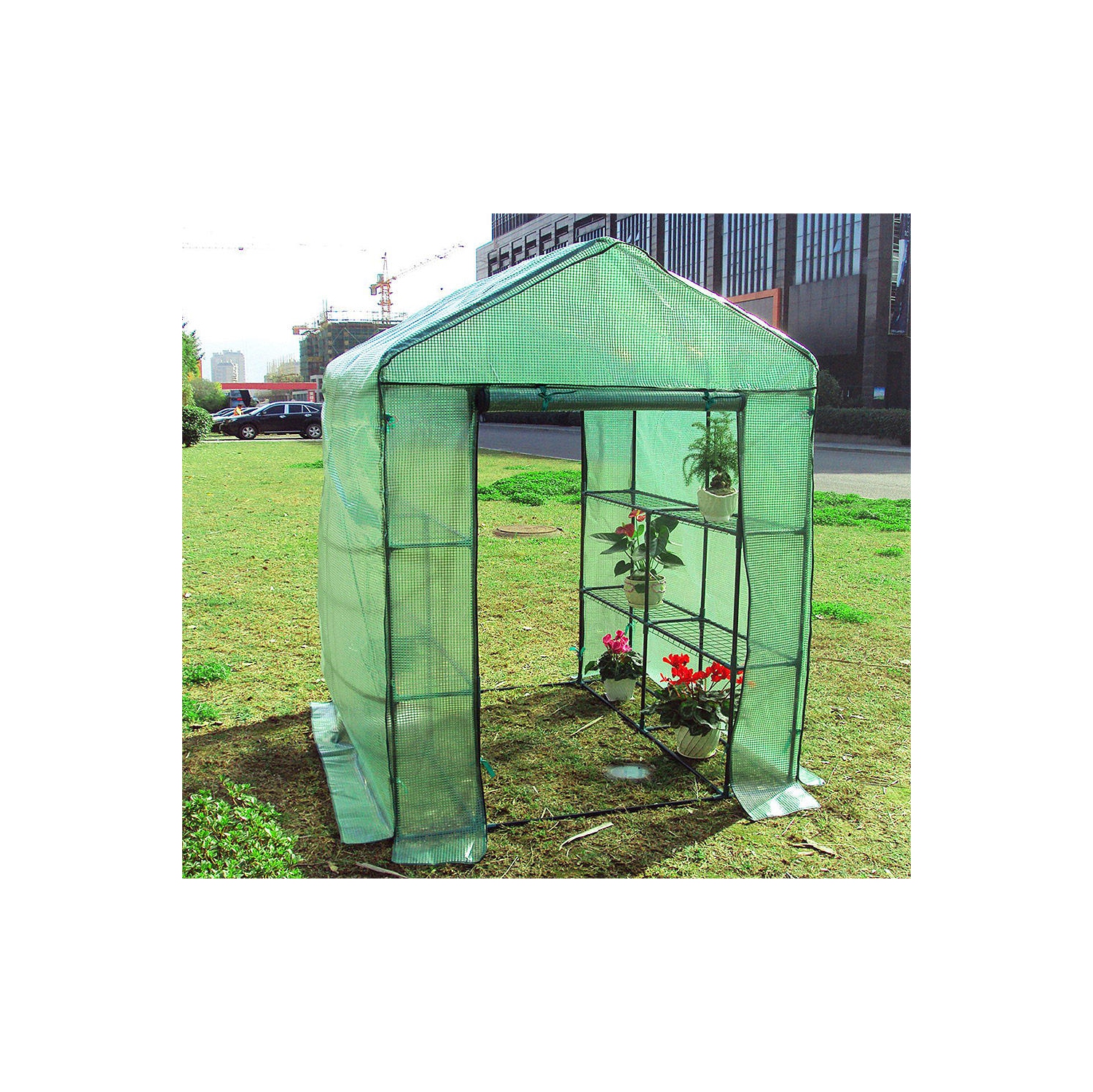 Grand serre-poulailler de 61 x 55 x 78 po, 2 Tiers, maison verte à 8 tablettes avec porte à fermeture à glissière enroulable pour fleurs de fines